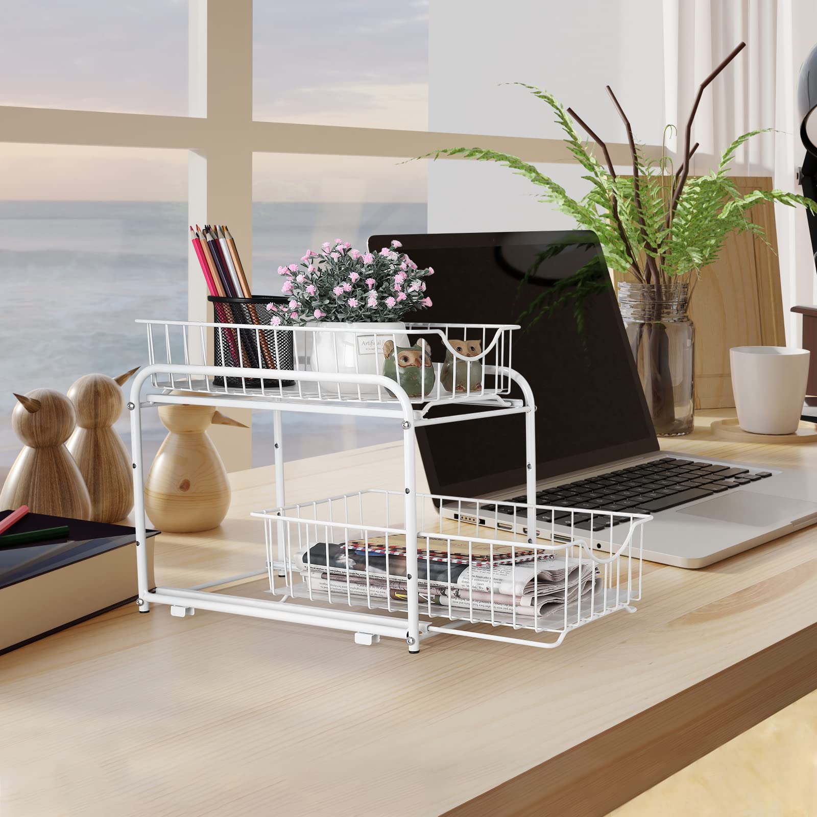 Unterwaschbecken-Organizer mit Schubladenkorb, 2er-Pack, Schiebeschrank-Organizer mit Metall, 2 Ebenen, Unterwaschbecken-Aufbewahrung, Unterwaschbecken-Schrank-Organizer, Weiß