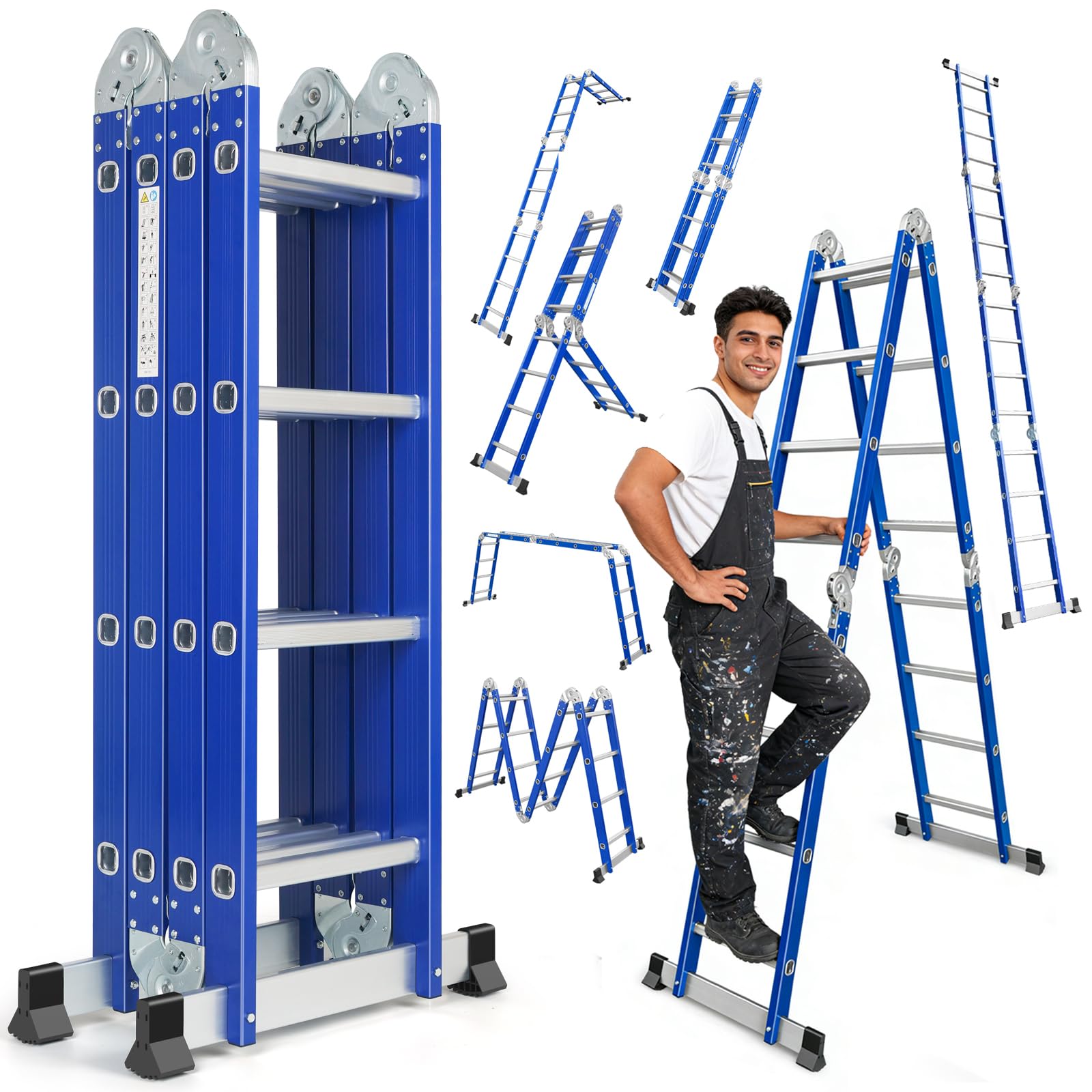 Escalera Plegable Multifuncional 7 en 1, 4 x 4 Peldaños, Escalera Multiusos de Aluminio de 464 cm, Escaño Portátil con Capacidad de Carga Máxima de 150 kg