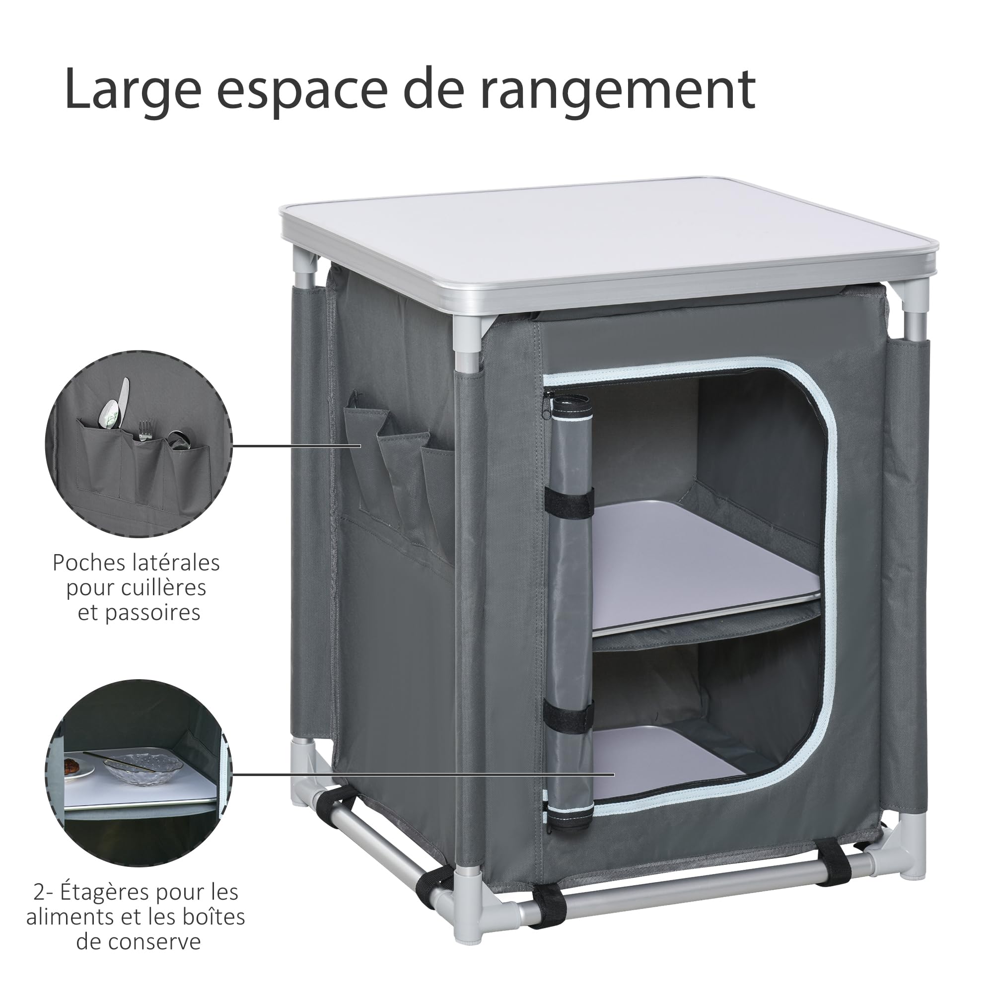 Outsunny Campingtafel met 3 Planken, Ritsdeur, Aluminium, Opvouwbaar Outsunny Campingtafel met 3 Planken, Ritsdeur, Aluminium, Opvouwbaar