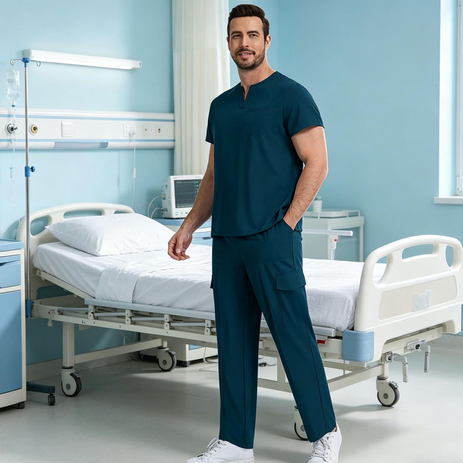 Uniforme Médico Hombre Conjunto Camisa Pantalón con Bolsillos Diseño Transpirable Cómodo en Poliéster para Trabajar en Hospital Clínica Estética