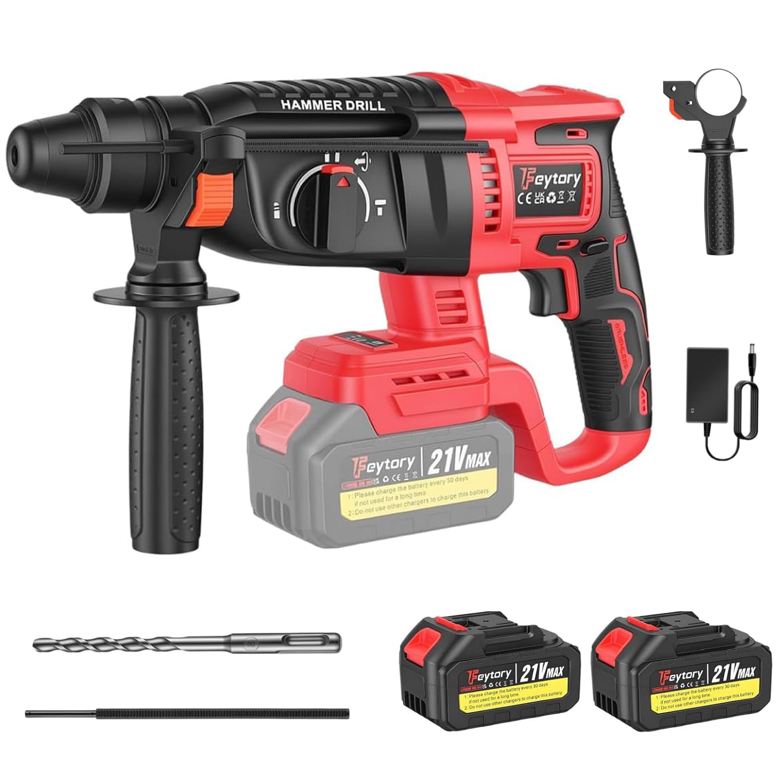 21V Cordless Hammer Drill with 2 x 1.5Ah Batteries, 4-in-1 Brushless Rotary Hammer Drill with Side Handle & Depth Gauge, 26mm Drilling Capacity, 0-4500 BPM Impact Rate, for Concrete Masonry Chipping