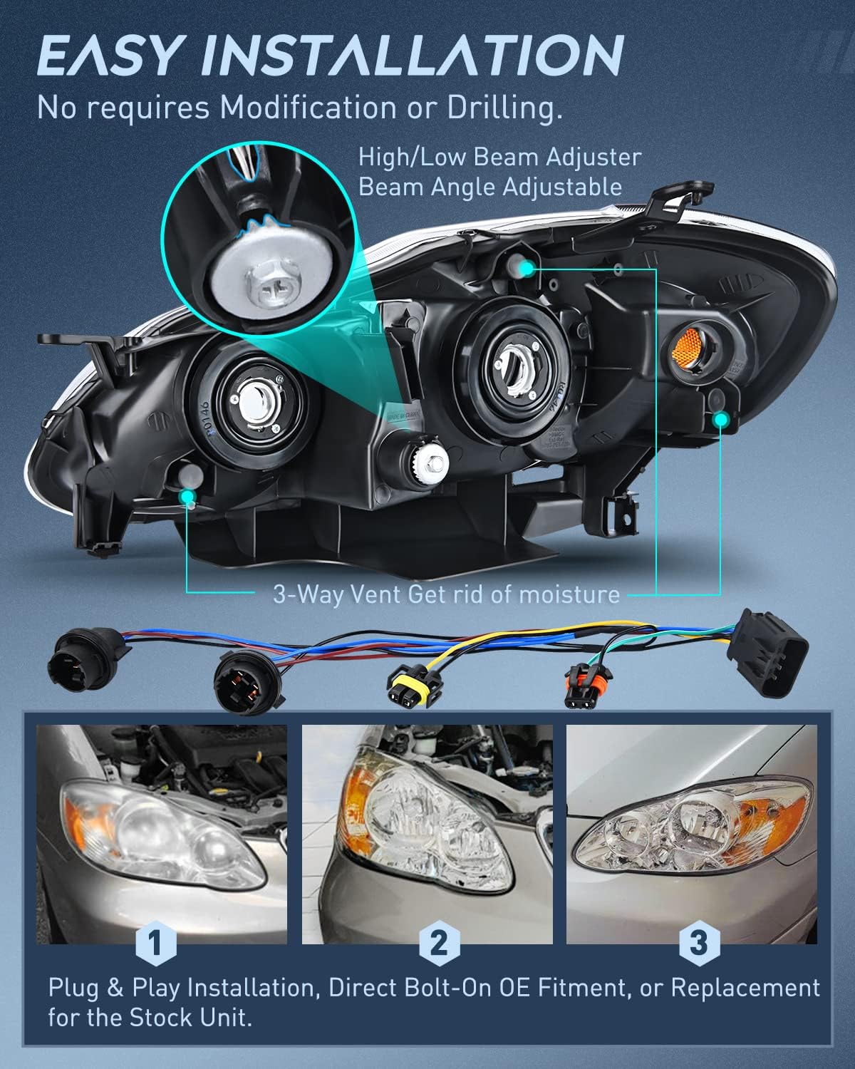 Nilight Headlight Assembly for 2003 2004 2005 2006 2007 2008 Toyota Corolla Headlamps Replacement Chrome Housing Amber Reflector Driver and Passenger Side