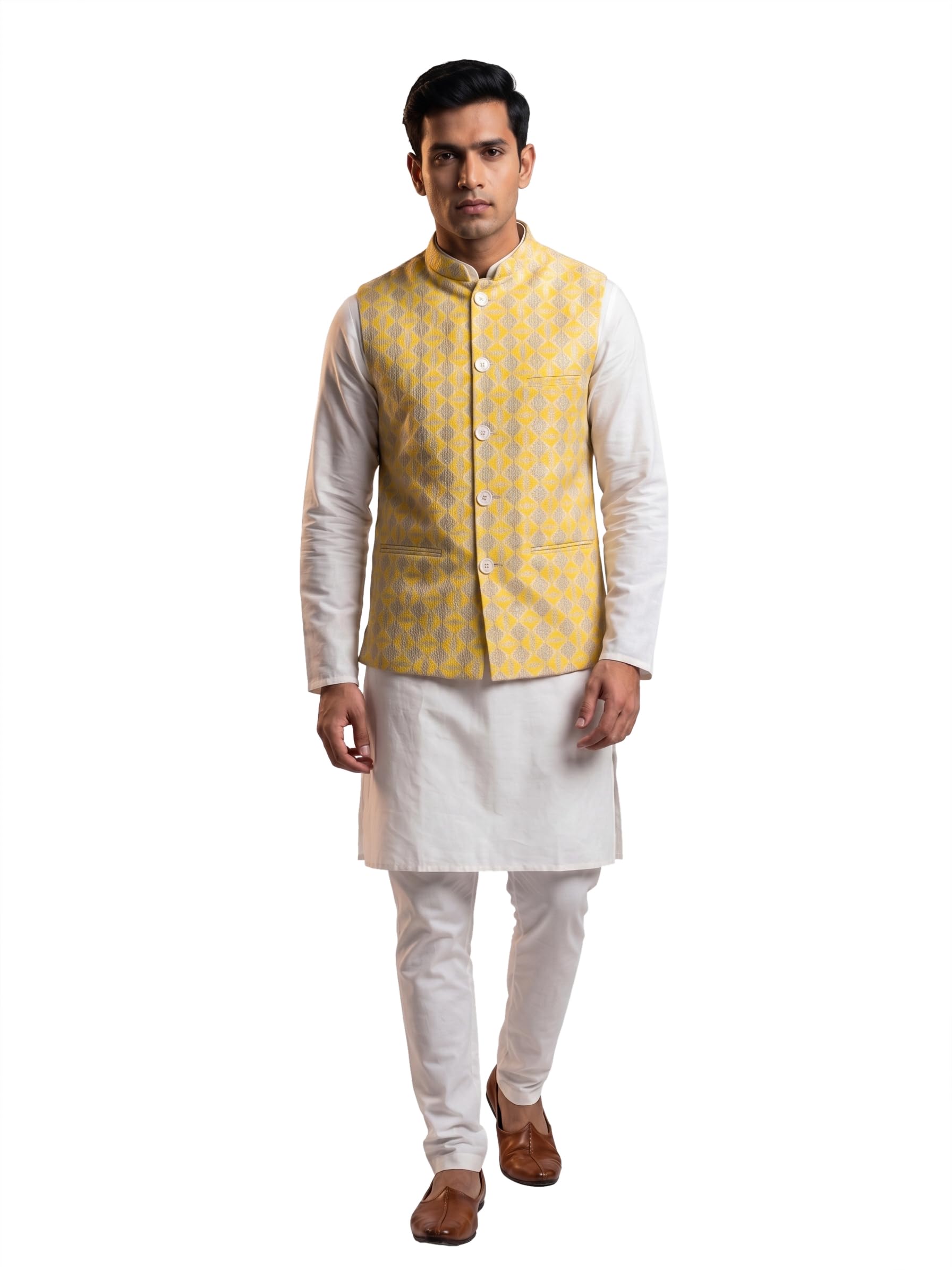 Men's Yellow Brocade Nehru Jacket with Diamond Pattern-picture-30
