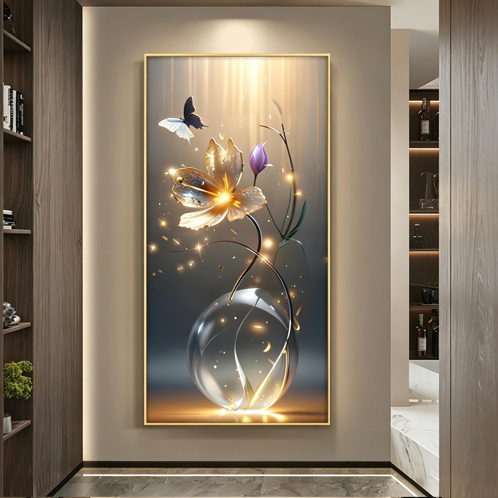 TgrGiEDenLO Crystal Porcelain 3D LED Wall Art, Lighted Butterfly & Floral Vase Wall Sculpture, Modern Entryway & Corridor Decor for Living Room(D,Gold,50x100cm/19.7x39.4in)