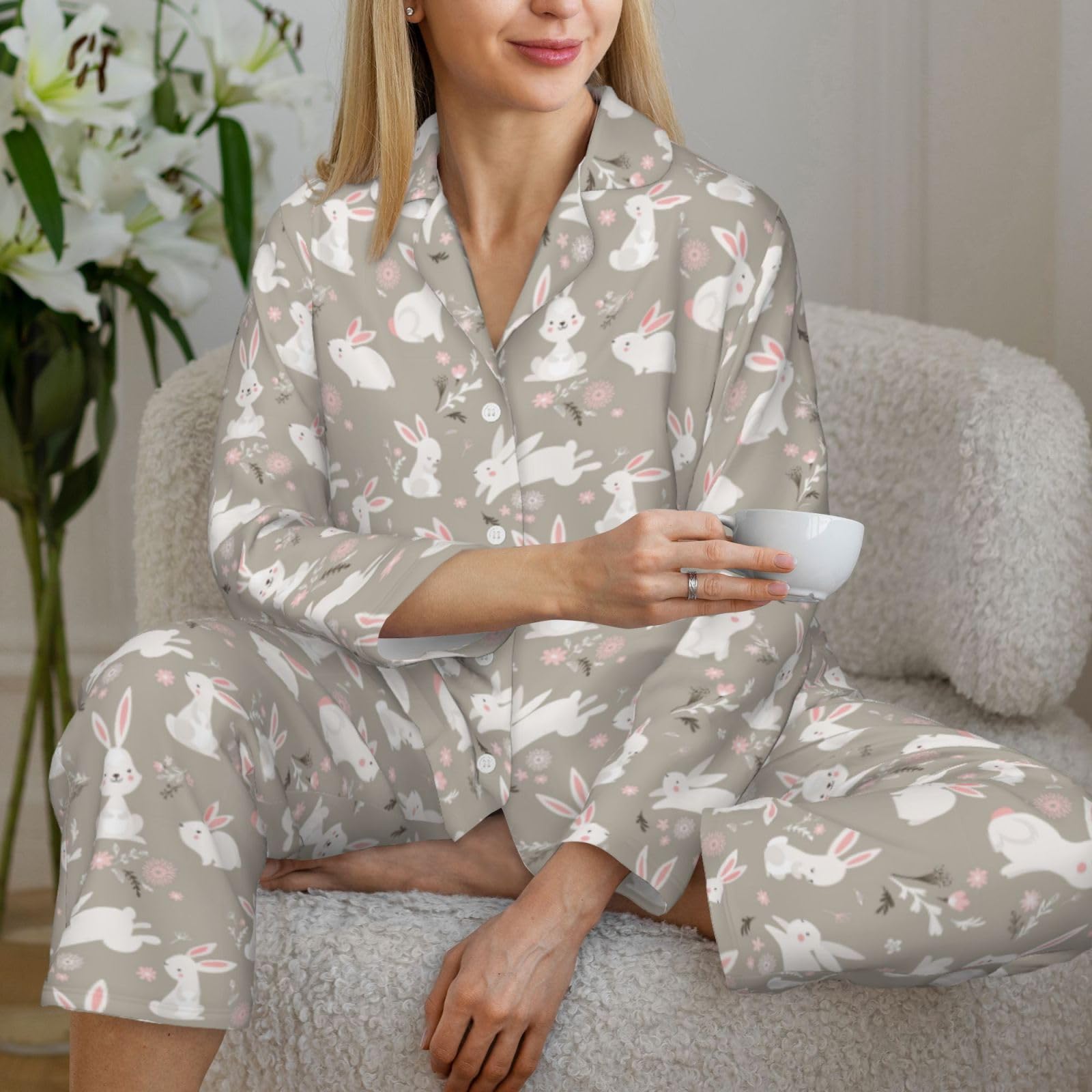 Coniglietto di Pasqua Stampa Floreale Delle Donne A Maniche Lunghe Pigiama Set Pigiameria Accogliente Homewear Casual Due Pezzi