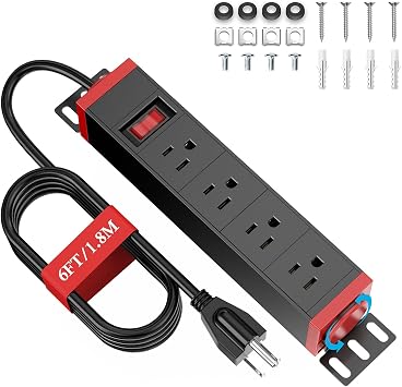 10 inch Rack Mount Power Strips PDU 4 Outlets with Surge Protection & Overload On Off Switch, 1U RackMount Power Strip with 6ft Cord for 10 Mini Server Network Cabinets/Rack/Self, Black Red