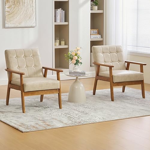 Juego de 2 sillas decorativas de piel sintética, sillón moderno de mediados de siglo con reposabrazos de madera maciza, cómodas sillas de lectura