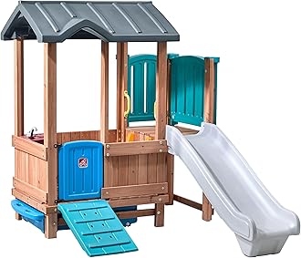 Step2 Woodland Adventure Playhouse & Slide, Kids Outdoor Playset, Backyard Playground Set, Swings, Storage Drawer, Made of Wood & Durable Plastic, Outside Jungle Gym, for Children 3-8 Years Old