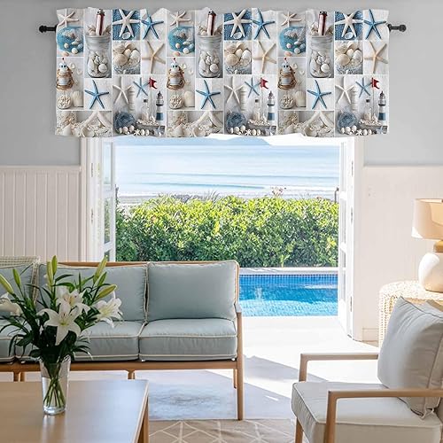 Miniatura 3 de Cortina de cenefas de rejilla costera de verano para cocina, cafetería, faro de mar, cenefa de ventana corta de 60 x 18 pulgadas, bolsillo para