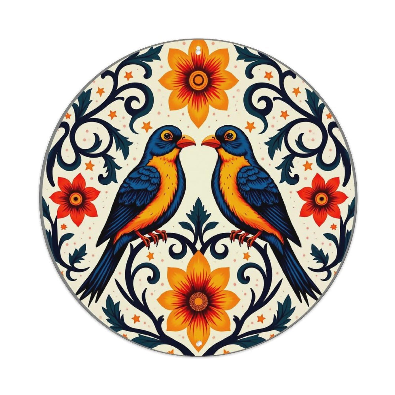 Birds Flowers Vines Stars Circle Retro Metal Sign Round Tin Sign, Vintage Decor Art Poster for Bar, Home, Man Cave, Kitchen, Laundry Room Gift 8x8Inch