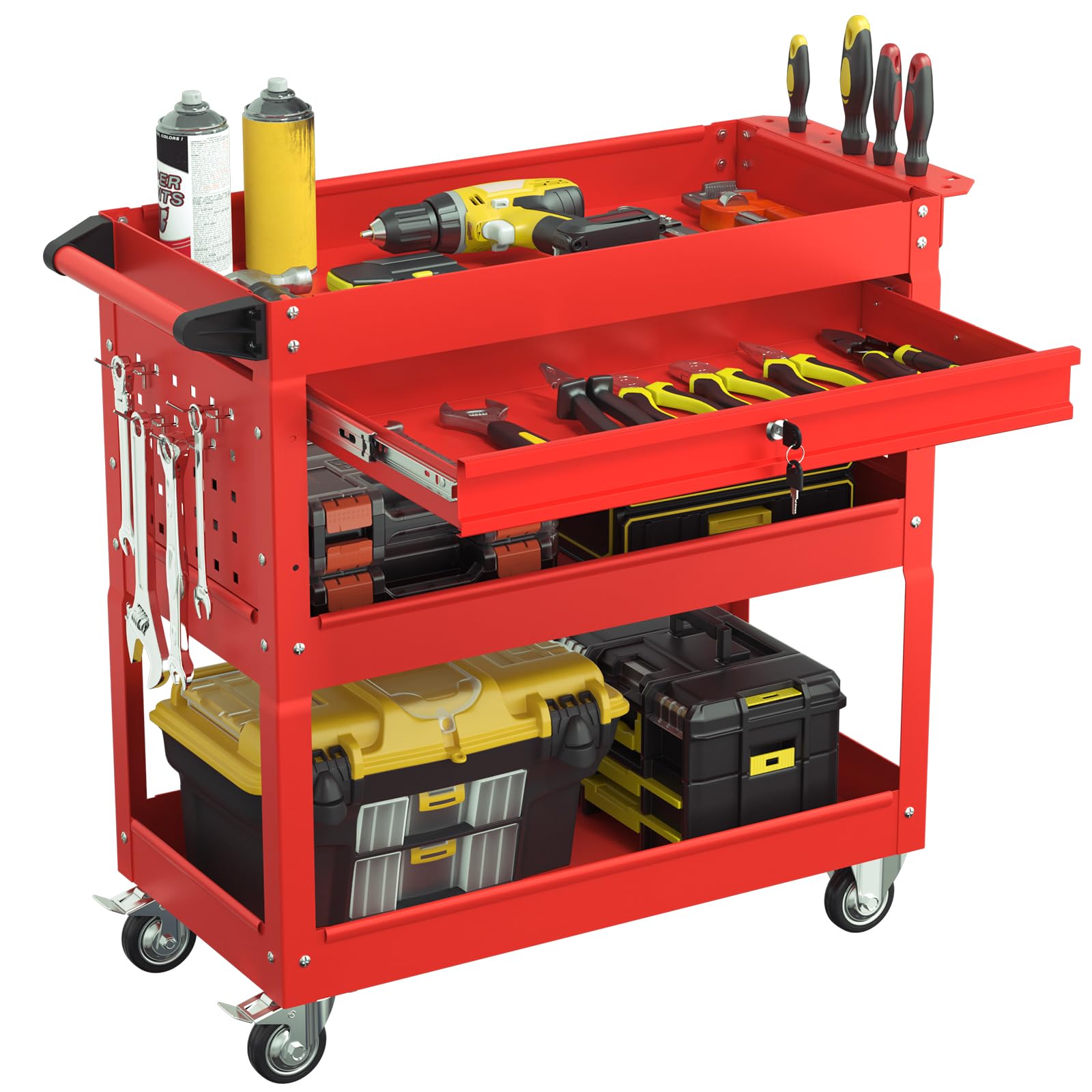 3 Tier Rolling Tool Cart with Drawers, Heavy Duty Utility Cart on Wheels, Large Storage Capability Service Cart for Garage, Warehouse and Repair Shop (Red)