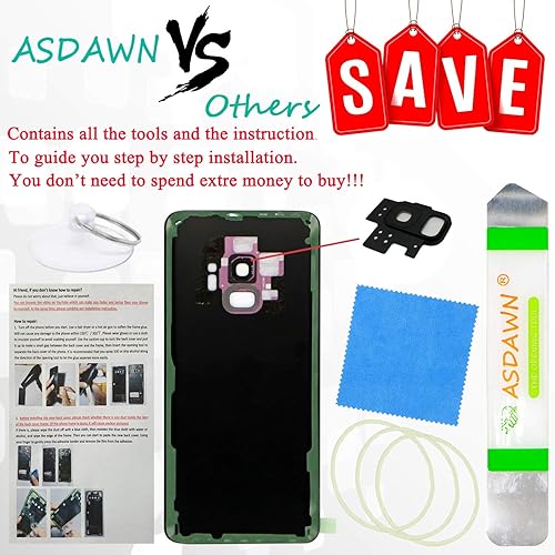 Miniatura 2 de Caja de panel de vidrio trasero de repuesto Galaxy S9 con manual de instalación + lente de cámara preinstalada + todo el adhesivo + kit de
