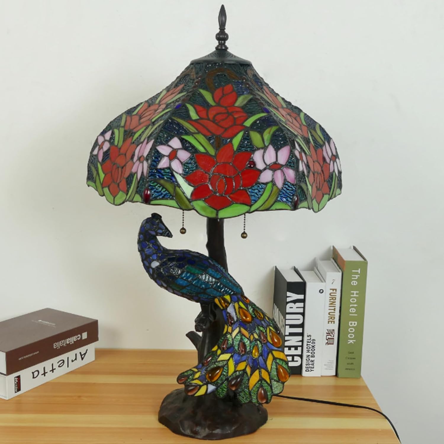 Peacock Lamp Tiffany Stained Glass Table Lamp, Vintage Blue Dragonfly Rose Hat Lotus Green Mission Purple Grape Flower Decorative Desk Reading Lamp for Living Room,Colourful Rose