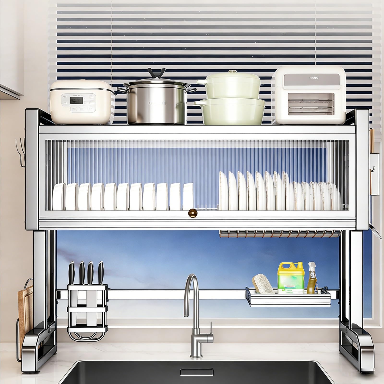 Abtropfgestell aus Edelstahl, platzsparender Küchenorganizer mit Klapptür für Geschirr, Teller, Schüsseln, Tassen und Topfdeckel – stilvolles Design