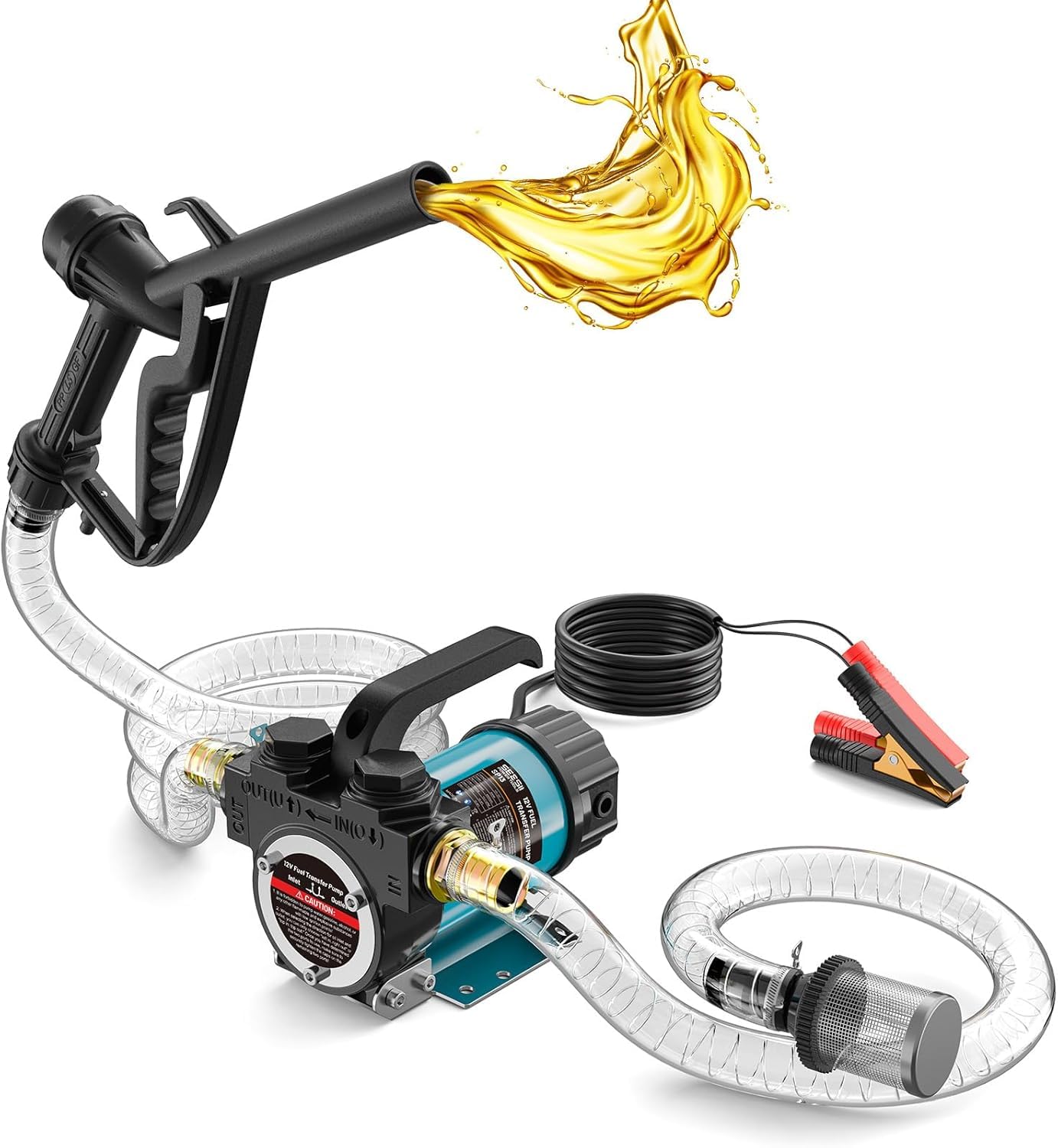 SEESII Pompa Travaso Gasolio 12V Elettrica per Diesel e Kerosene 50 L/min | Pompa Carburante con 2 Tubi da 2 m, Pistola Erogatrice, Filtro, Cavo da 3 m, per Trattori, Barche, Camion e Generatori