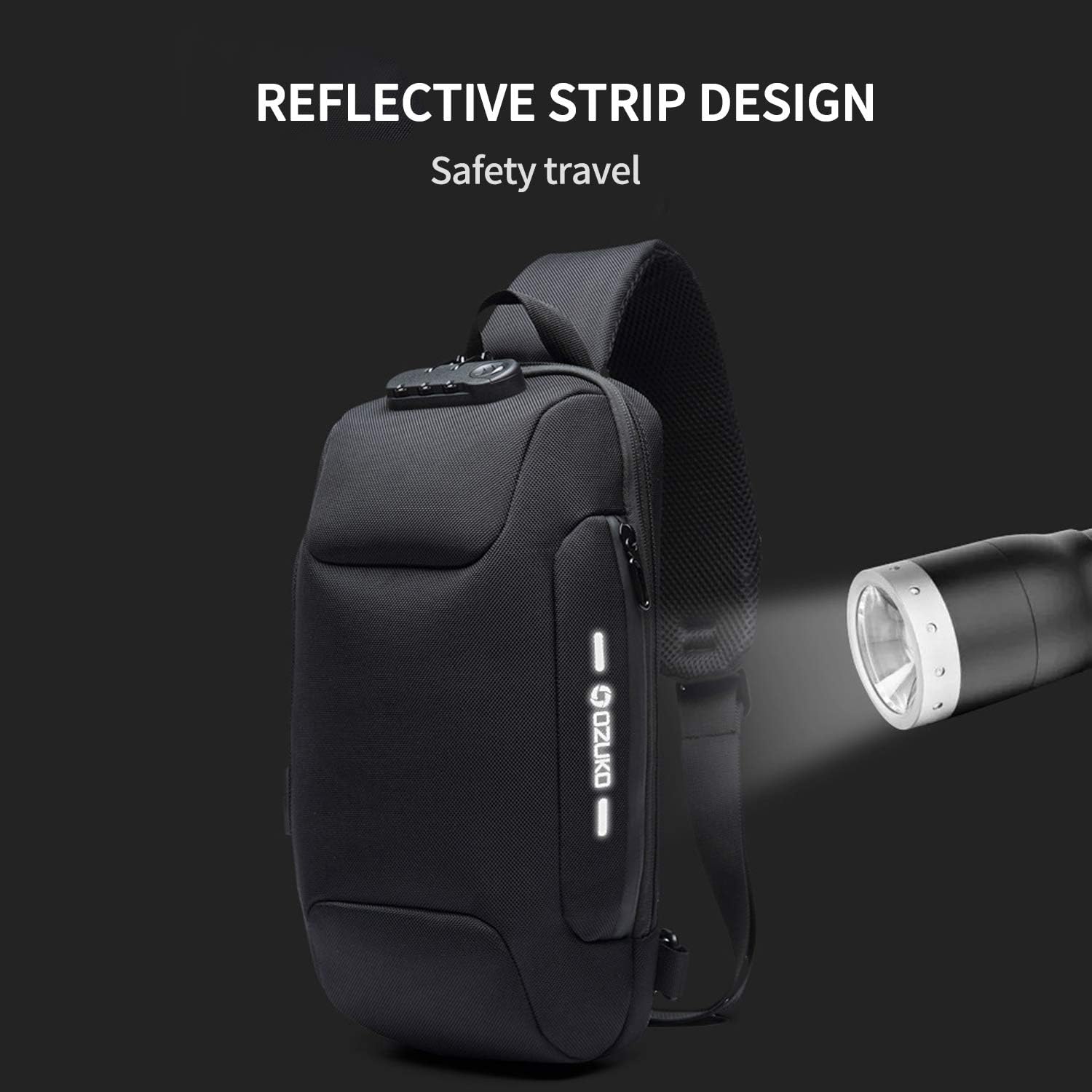 FANDARE New Men Sling Bag Anti-theft Crossbody Bag Chest Pack with Password Lock,USB, Reflective Stripe Shoulder Bag for Cycling Camping Riding Hiking Waterproof Polyester Gray - Image 7