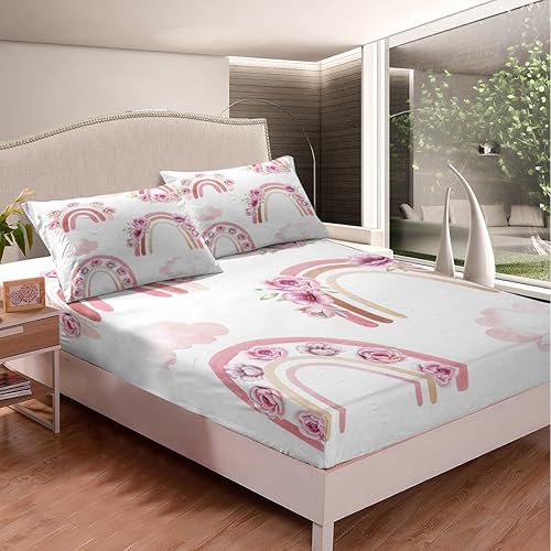 Miniatura 2 de Sábana bajera ajustable de arcoíris rosa, tamaño individual, romántica, acuarela, pastel, nubes florales, juego de ropa de cama para niñas,