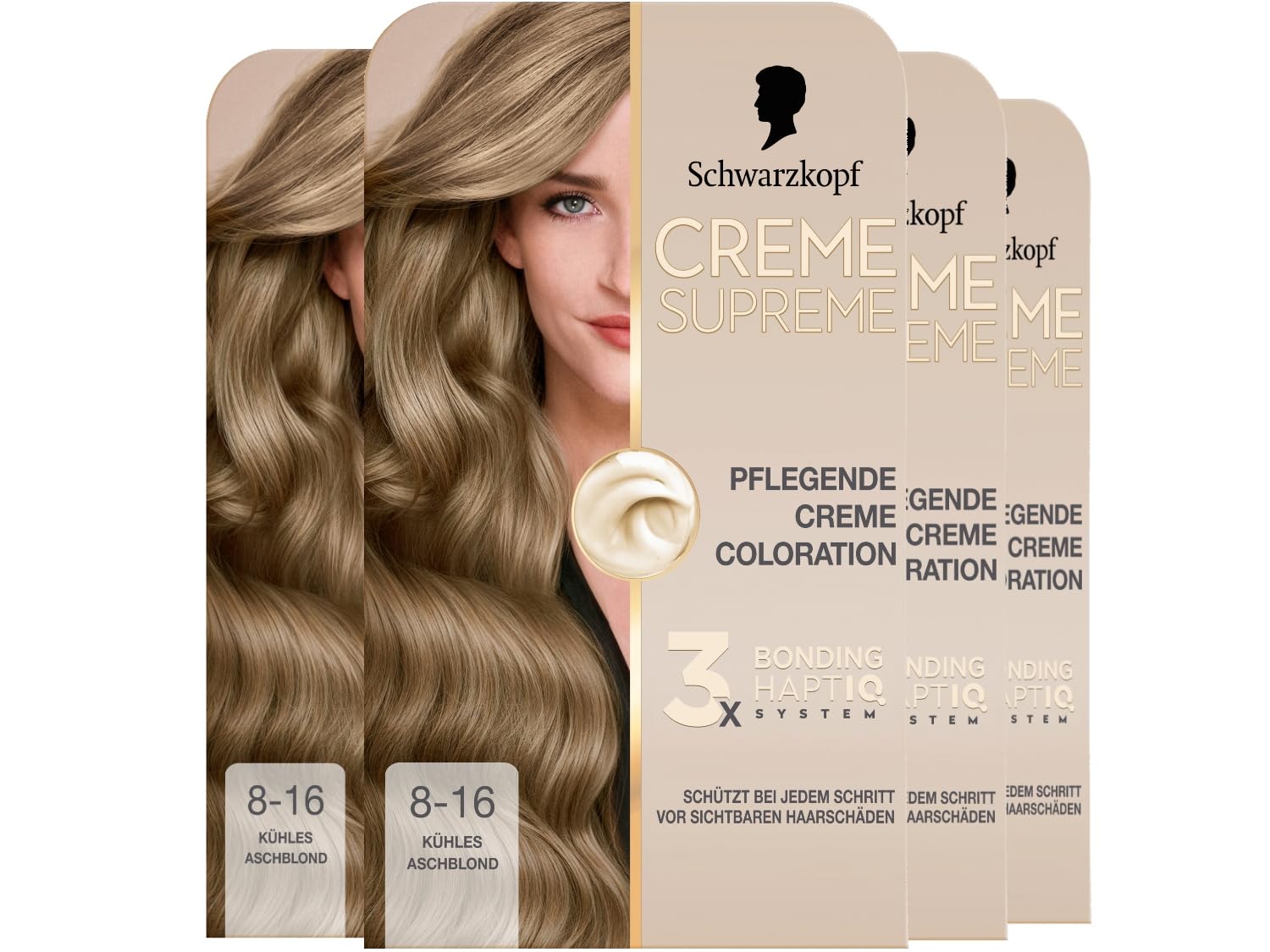 Schwarzkopf Creme Supreme Coloration 8-16 Kühles Aschblond (4x 182 ml), dauerhafte Haarfarbe mit Serum und Haar-Maske schützt vor sichtbaren Haarschäden, für 100% Grauabdeckung