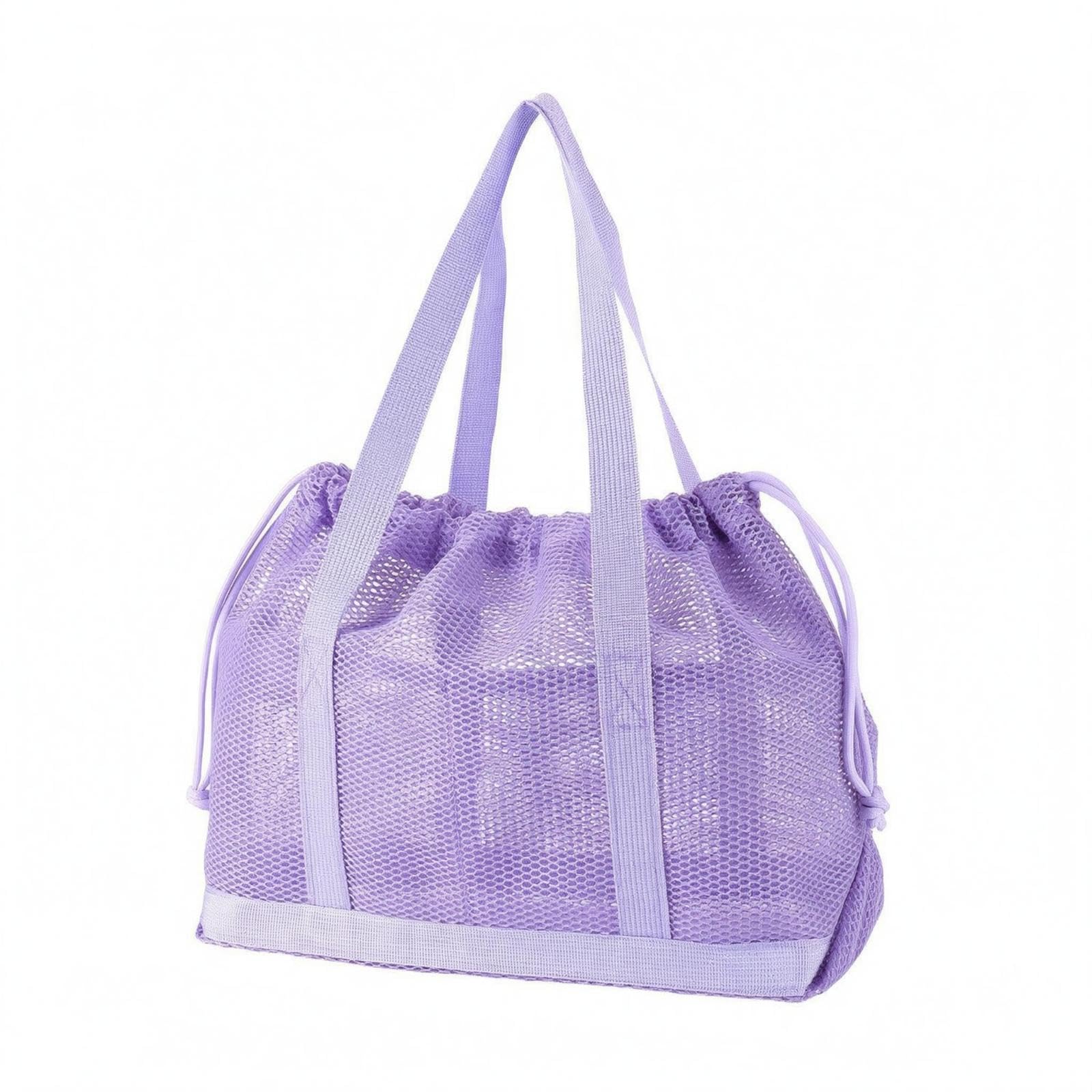 Mesh Drawstring Tote Bag Two Shoulder Handles Drawstring Mesh Tote Lightweight Portable Carrier Light Purple-image-42