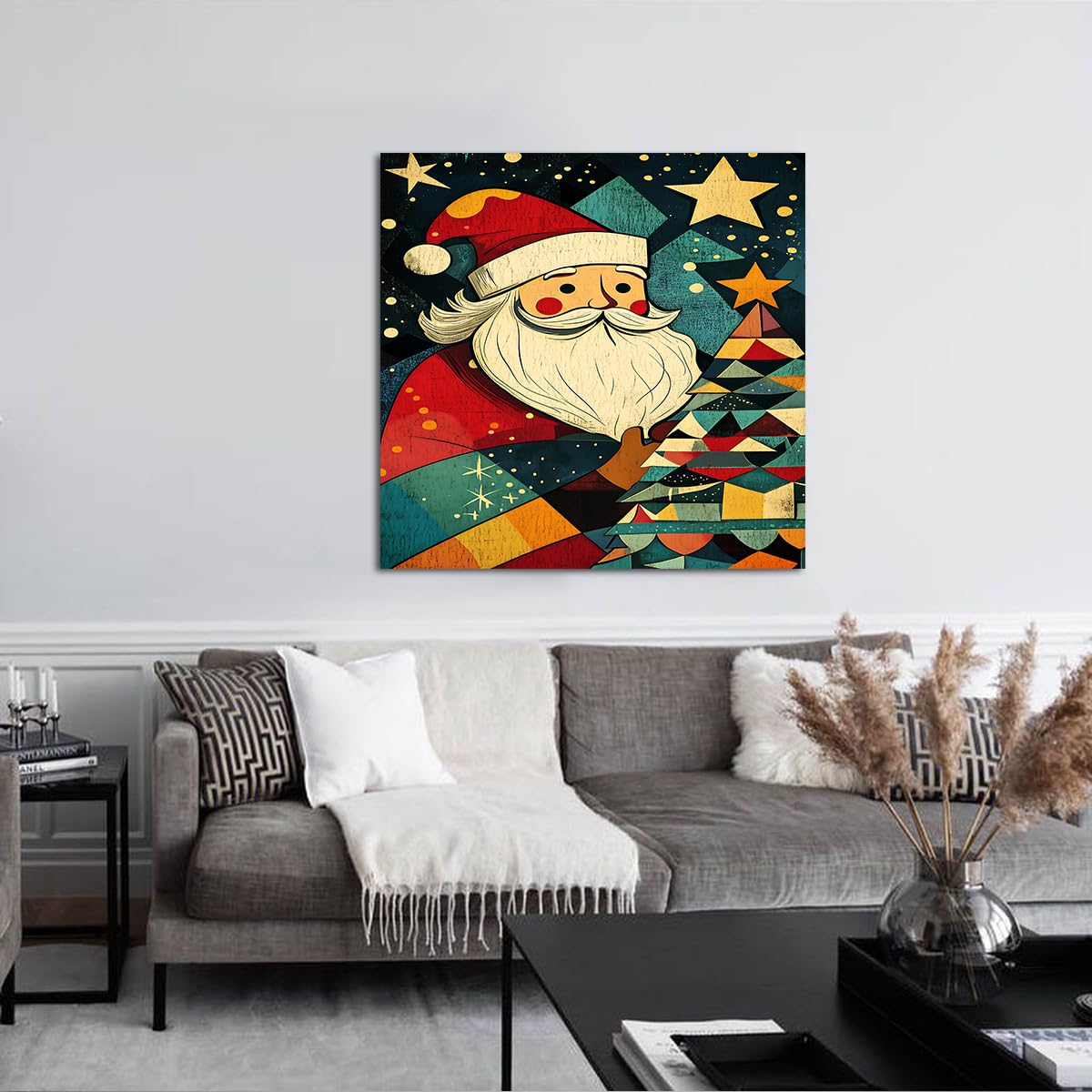 CHERHERART Święty Mikołaj płótno płótno sztuka ścienna abstrakcyjna choinka wydruki plakat retro na święta święta vintage malarstwo ścienne 50 x 50 cm rama wewnętrzna