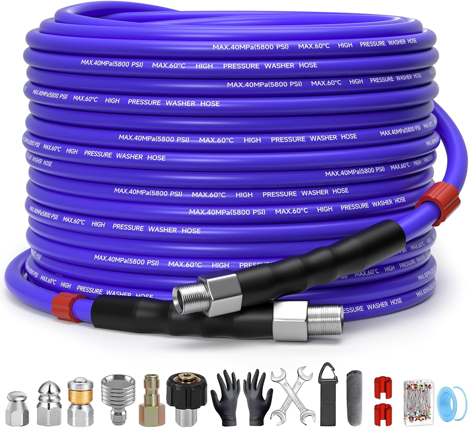 50FT Sewer Jetter Kit for Pressure Washer 1/4"NPT Drain Cleaner Hose 5800PSI Corner Rotating and Button Hose Sewer Jetting Nozzle Pearl Corsage Pin Tape Handle Strap Spanner