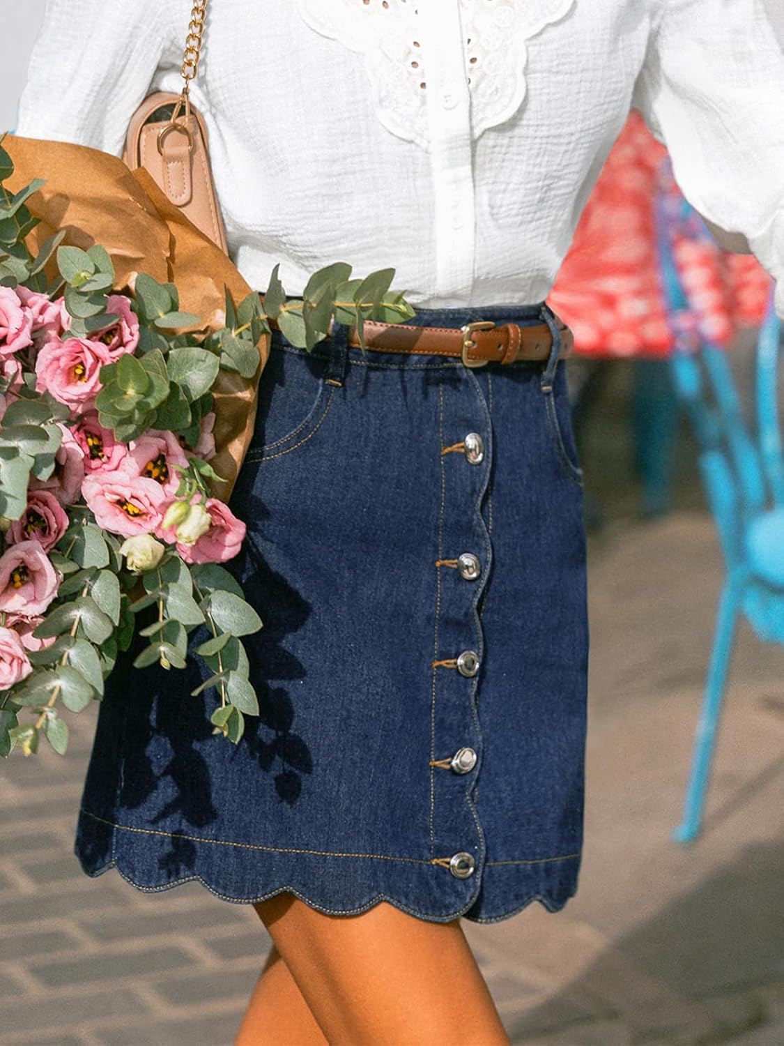 CUPSHE Women’s Denim Mini Skirt Button Front A-Line Jean High Waist Scalloped Hem Casual Outfits - Image 4