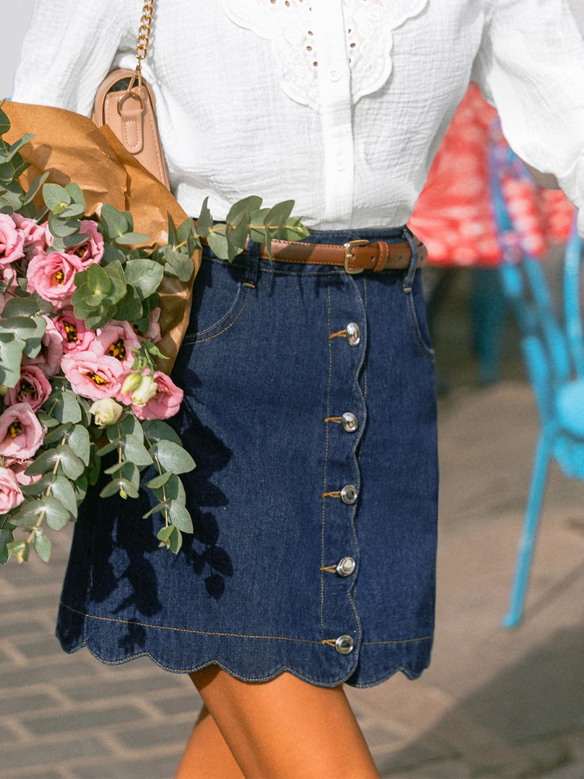 CUPSHE Jeansrock Damen Mini A-Linie mit hohem Bund und Muschelsaum
