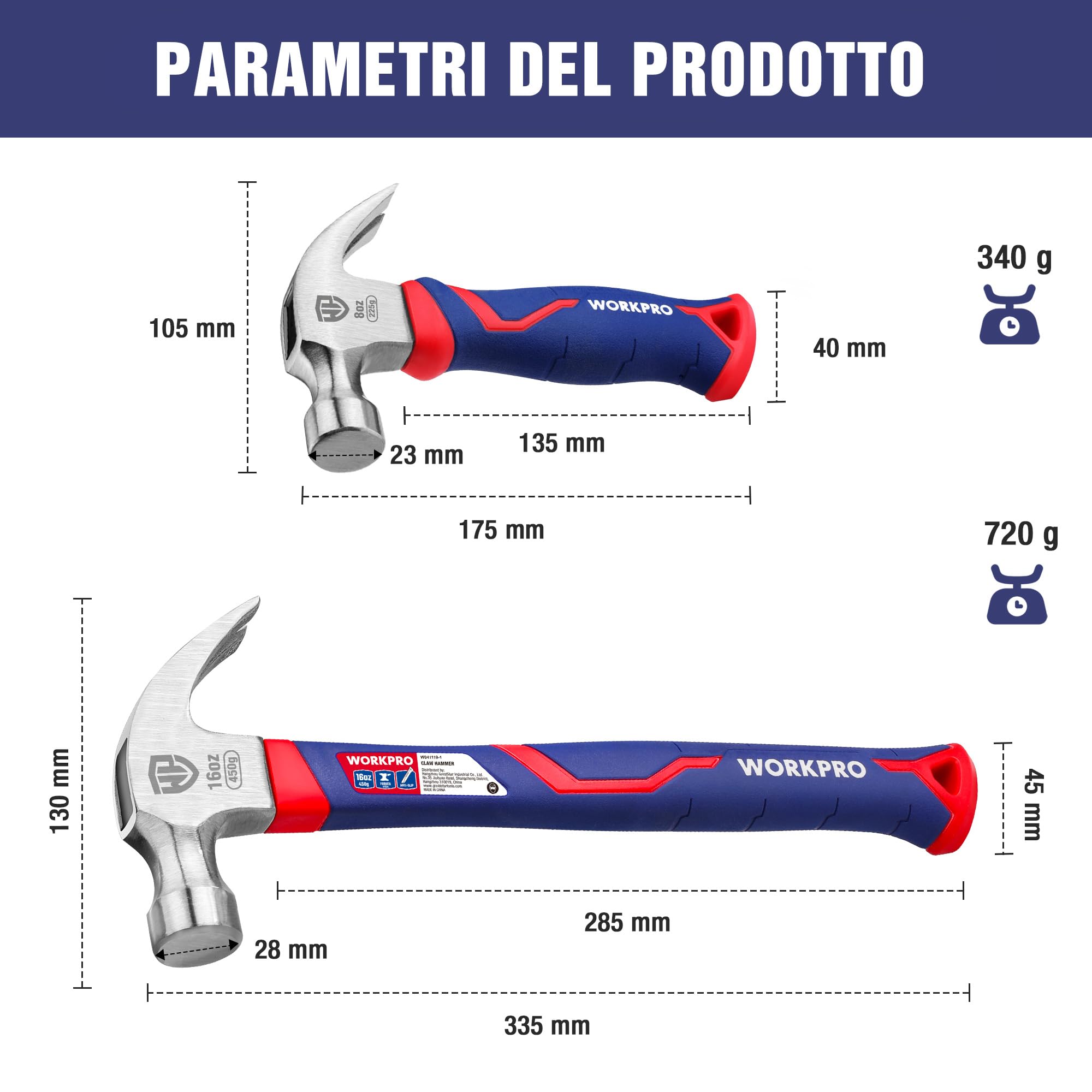 WORKPRO Martello da Carpentiere da 2 Pezzi, 720 g e 340 g, Martello Piccolo con Funzione Artiglio, Impugnatura Ergonomica e Antiscivolo, per Lavorazione del Legno, Ristrutturazioni