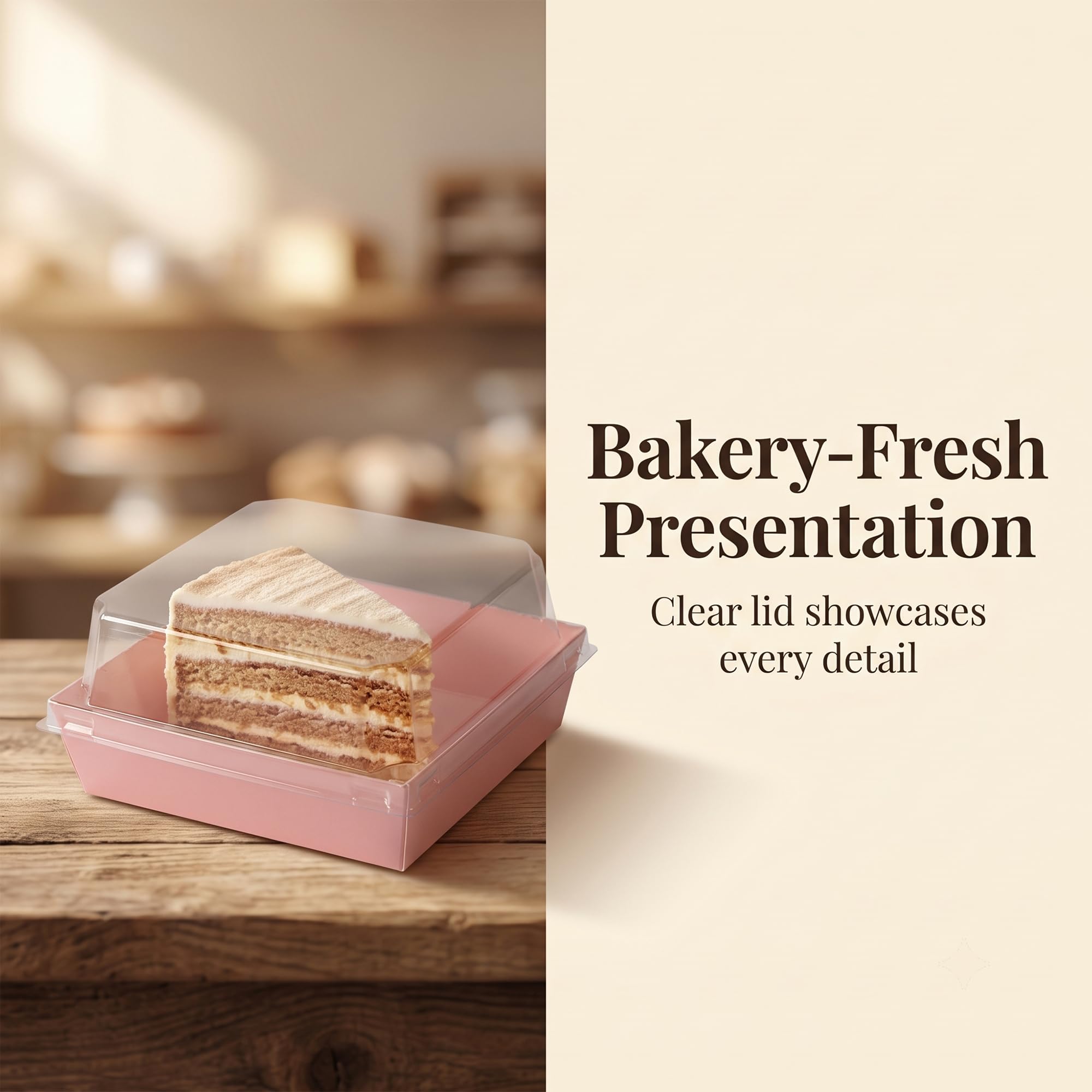 100 scatole quadrate in carta kraft rosa da 13,5 x 12,5 x 6 cm, con coperchio in plastica trasparente, contenitori per dessert, cupcake, panini, biscotti