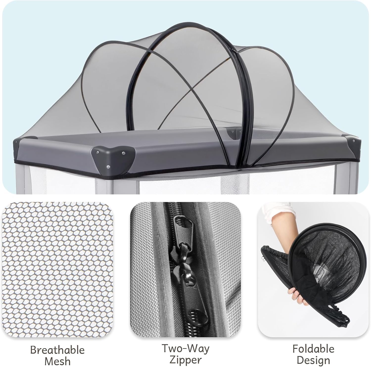 Mosquito Net for Pack N Play, Keep Cats Out, Netting Cover with 2-Way Zipper for Playpen, Foldable with Storage Bag, Black