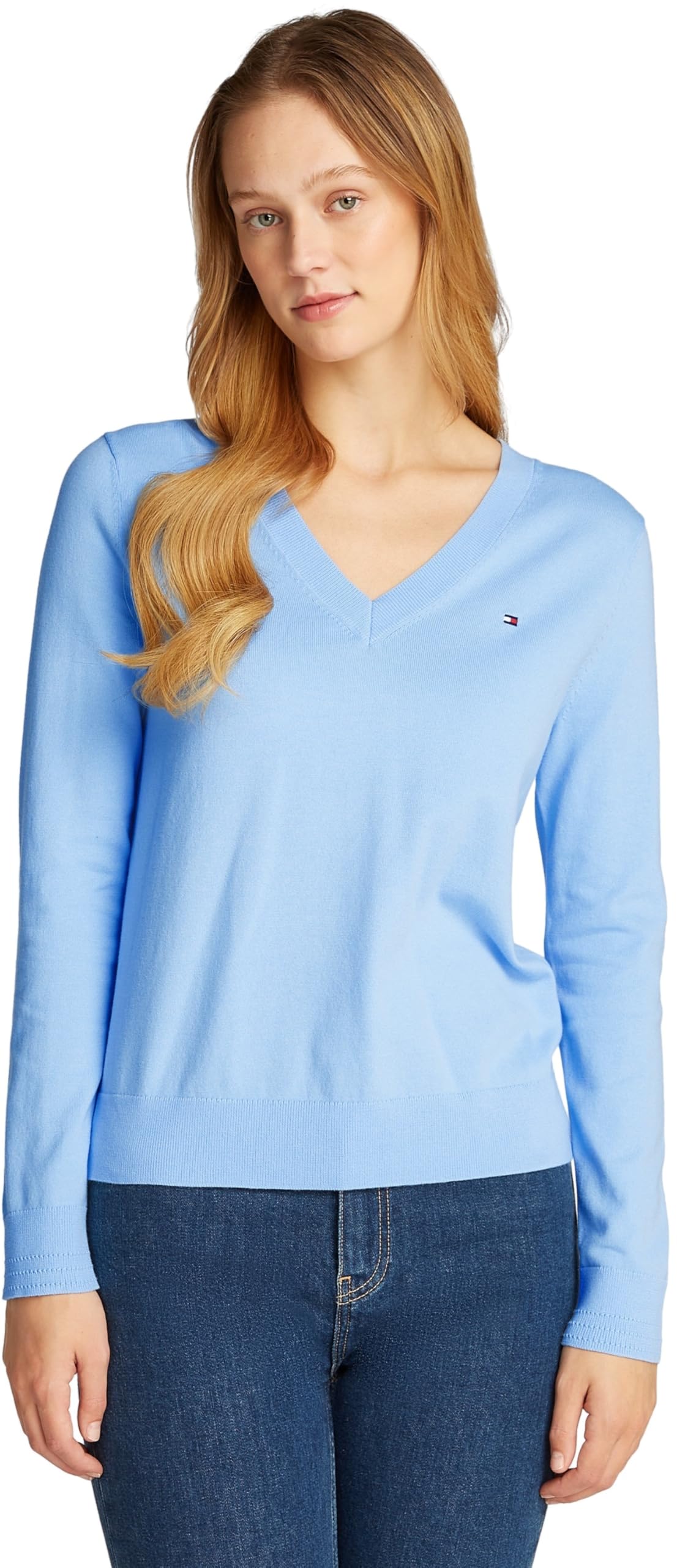 Tommy Hilfiger Women's V-Neck Jersey Jumper, Blue (Vessel Blue), XXS