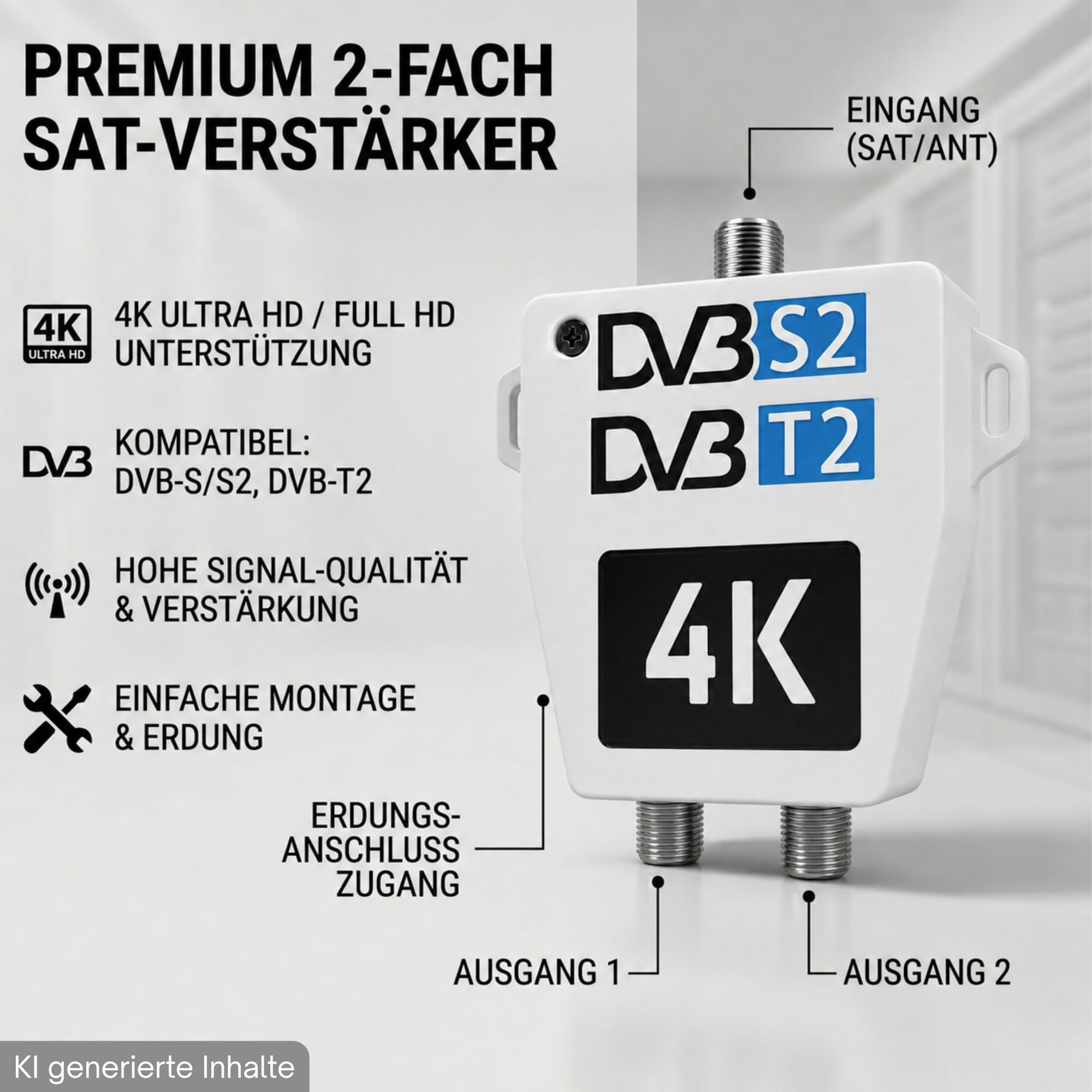 TronicXL Amplificatore antenna a 2 vie per DVBT e DVBS SAT Splitter Amplificatore con vite di messa a terra I Distributore antenna morbido DVB-S2 DVB-T2 Morbido amplificatore di segnale 3D 4K HDTV