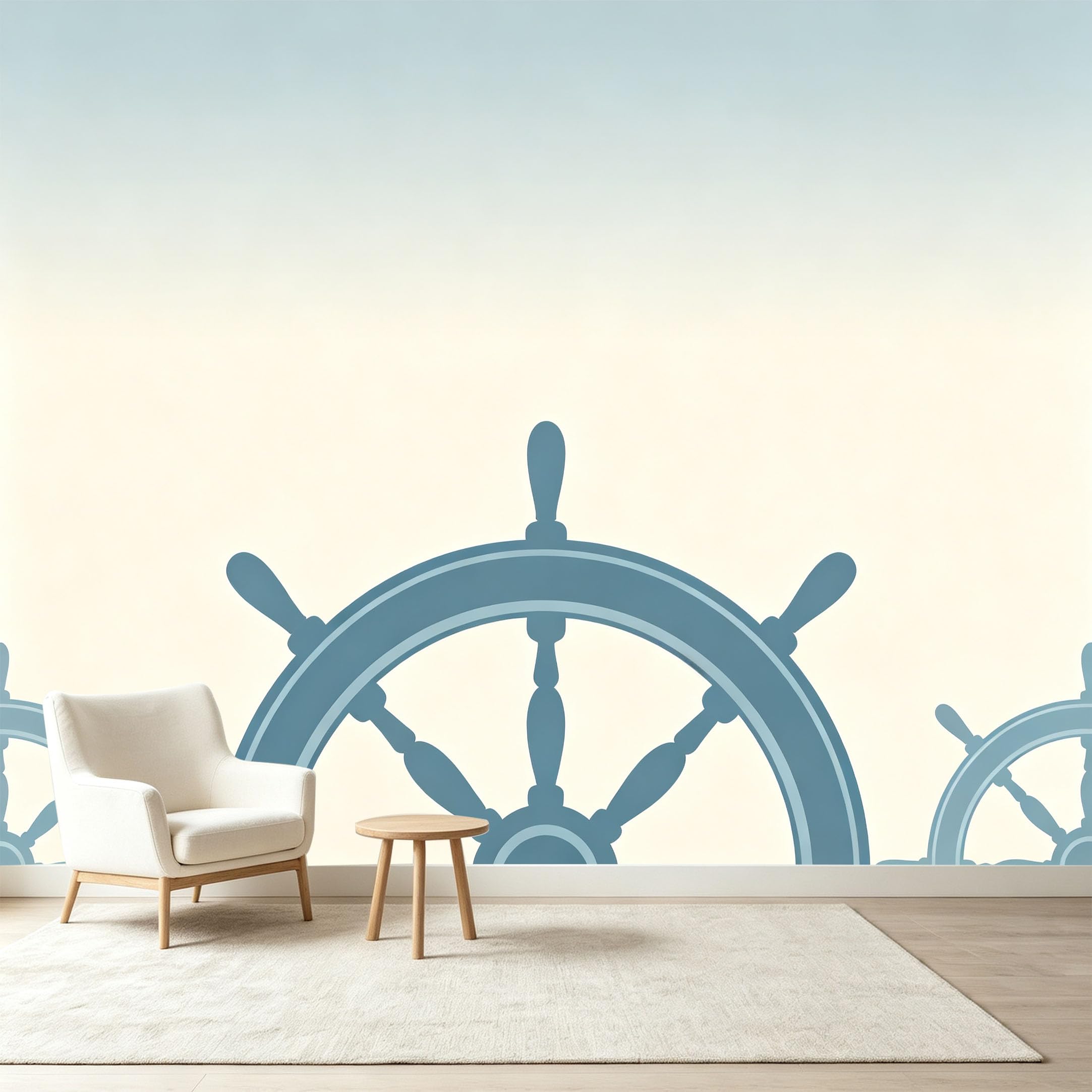 Custom Size Wall Murals Nautical Ship Wheel Coastal Seascape Self-Adhesive Wall Fabric Removable Wallpaper Wall Decor for Living Room Bedroom Bathroom