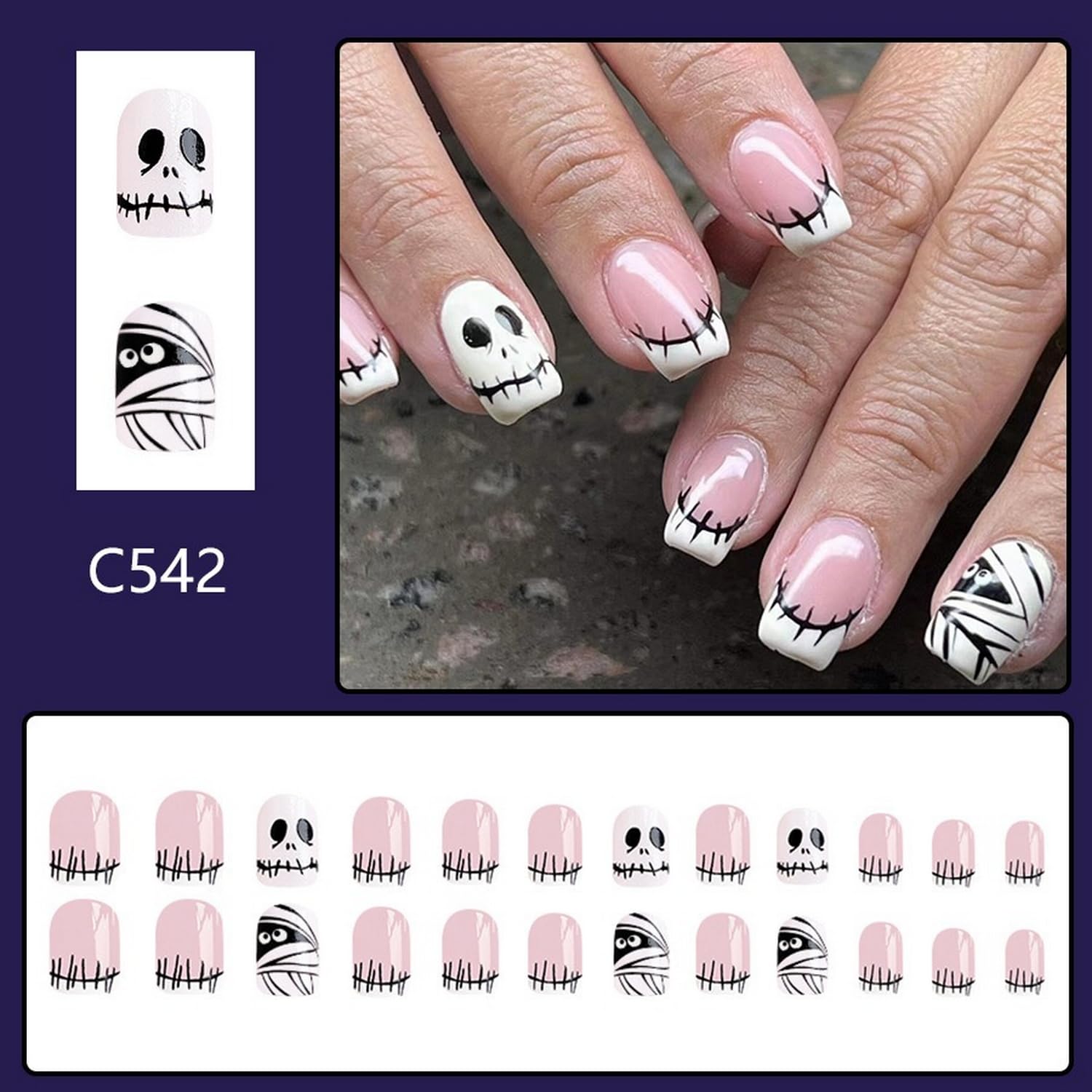 Halloween Press on Nails French Tip Almond Fake Nails Terror Blood False Nail with Acrylic Glue on Nails Medium Artificial Nails Glossy Reusable Halloween Stick on Nails for Women DIY Manicure 24 Pcs: Halloween Style 025