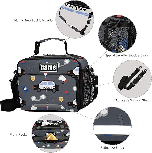 Miniatura 3 de Bolsa de almuerzo personalizada con patrón de coche de policía para niños y niñas, bolsas de almuerzo personalizadas con tu nombre, lonchera aislada