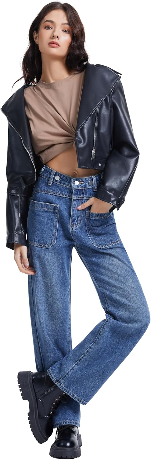 Wide Leg Jeans for Women, High Waist Straight Legs Trendy Front Patch Pocket Denim Pants for Ladies Casual Work - Image 6