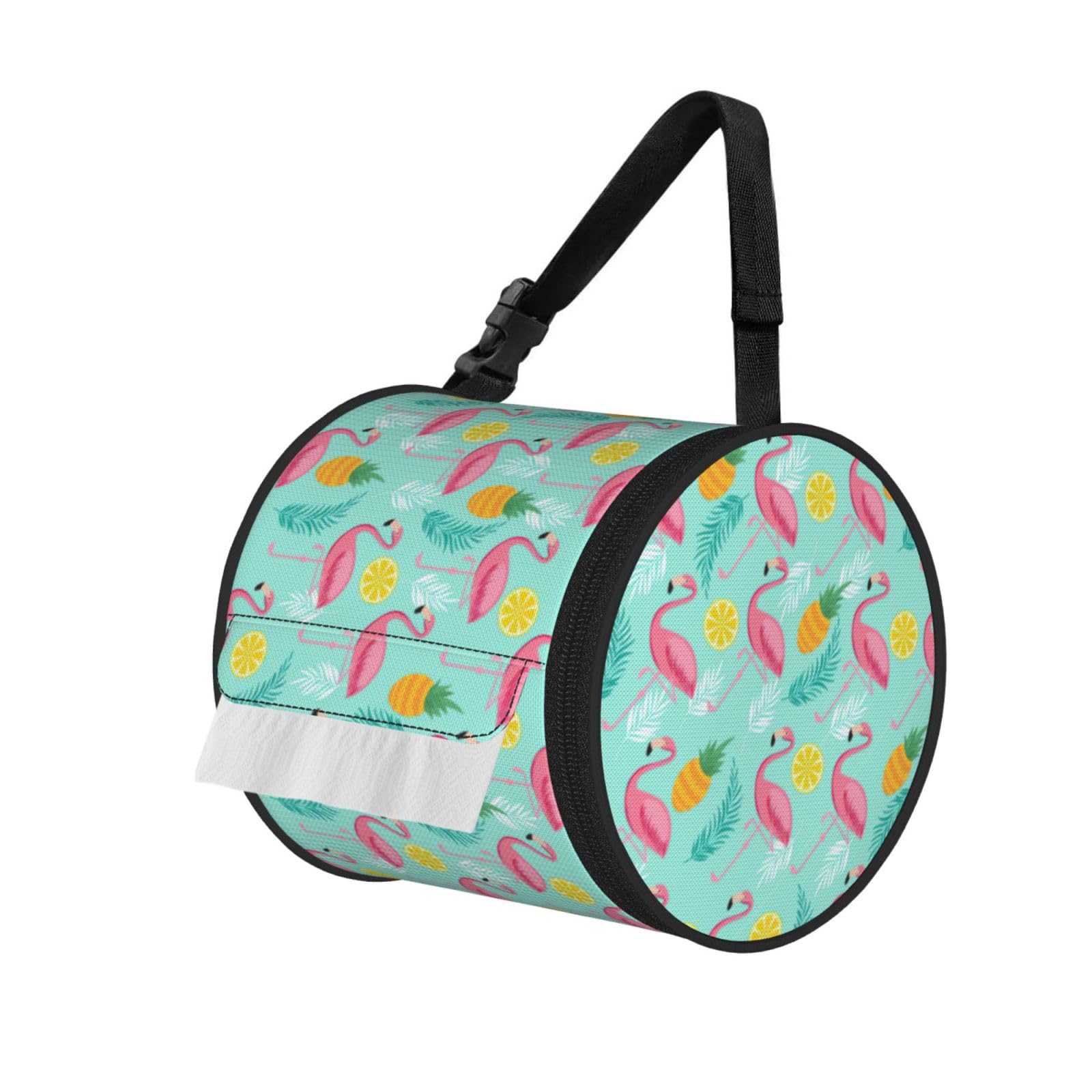 Pink Flamingo Printed Hanging Tissue Organizer, Smooth Zipper Oxford Cloth Roll Holder for RV Bathroom Desk