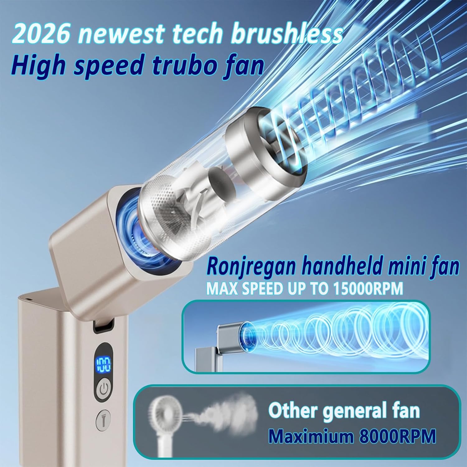 Metal Portable Mini handheld fan 1-100 speed 15000PRM,Rechargeable Pocket Personal handheld turbo fan 5000mAh with flashlight,Small hand held face fan for Travel Camping Beach,Gifts for Women (Gold)