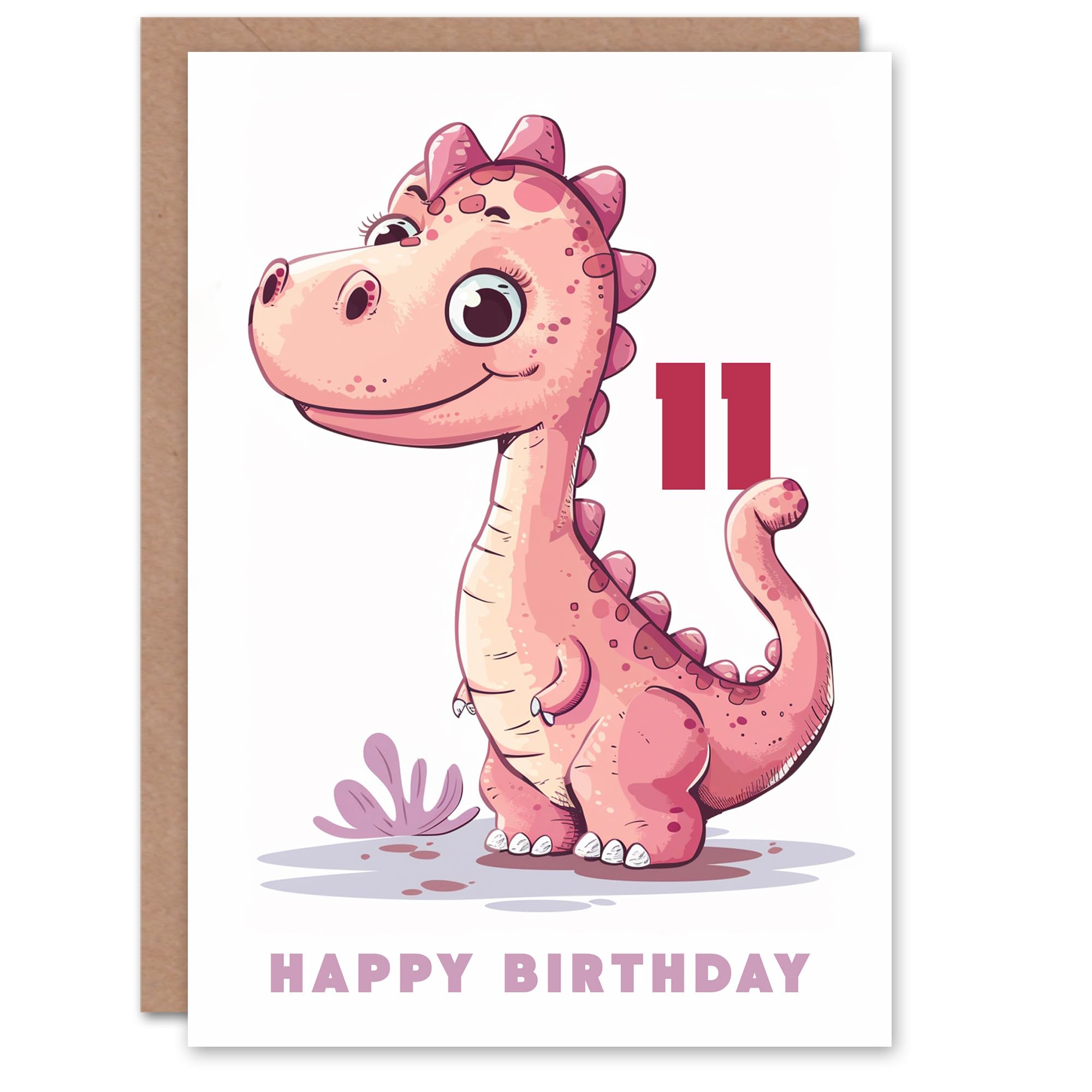Artery8 Kids Age 11 Birthday Card - Pink Dinosaur - Boy/Girl