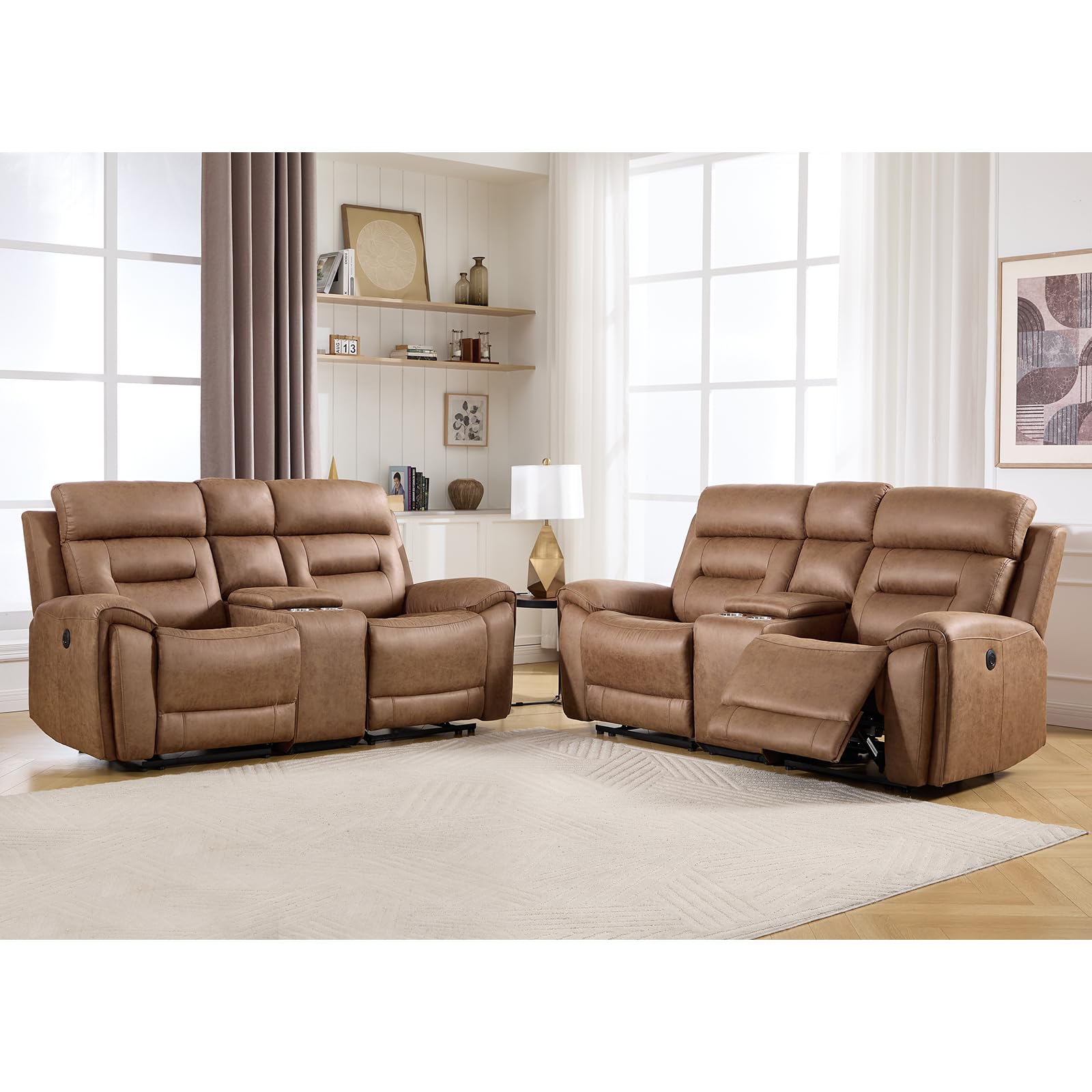 ANJ Oversized Power Reclining Loveseat Sofa Set of 2 with USB&amp;Type-C Charging Port, Breathable Faux Leather 2-Seater Electric Recliner Couch with Cup Holders &amp; Storage Console for Living Room, Brown