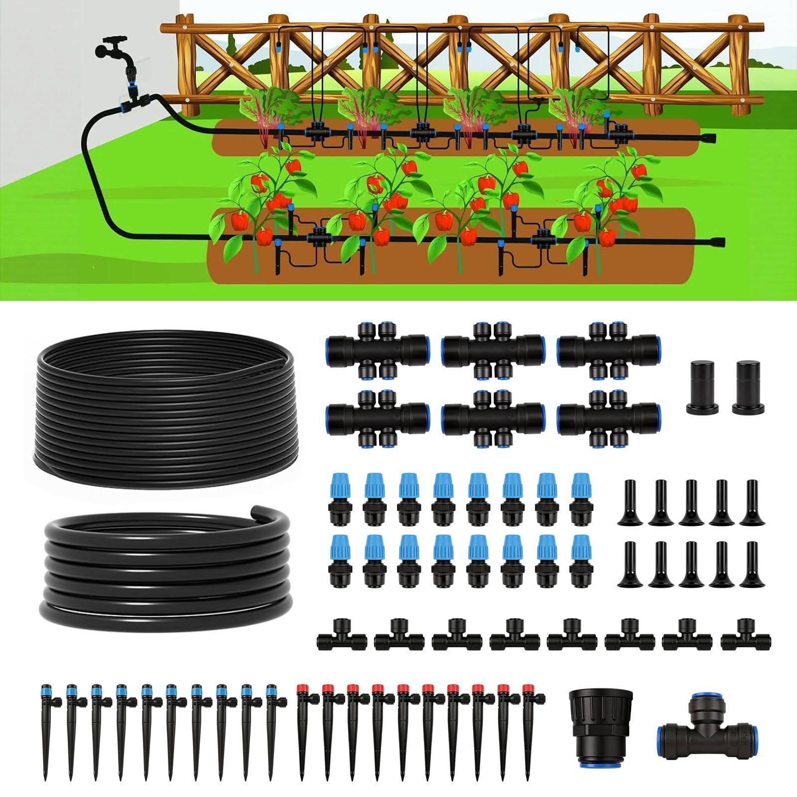 Kit di irrigazione a goccia da 60 m, sistema di irrigazione da giardino a connessione rapida, kit completo di irrigazione a goccia automatico con tubi da 1,3 cm e 0,6 cm, emettitori regolabili per