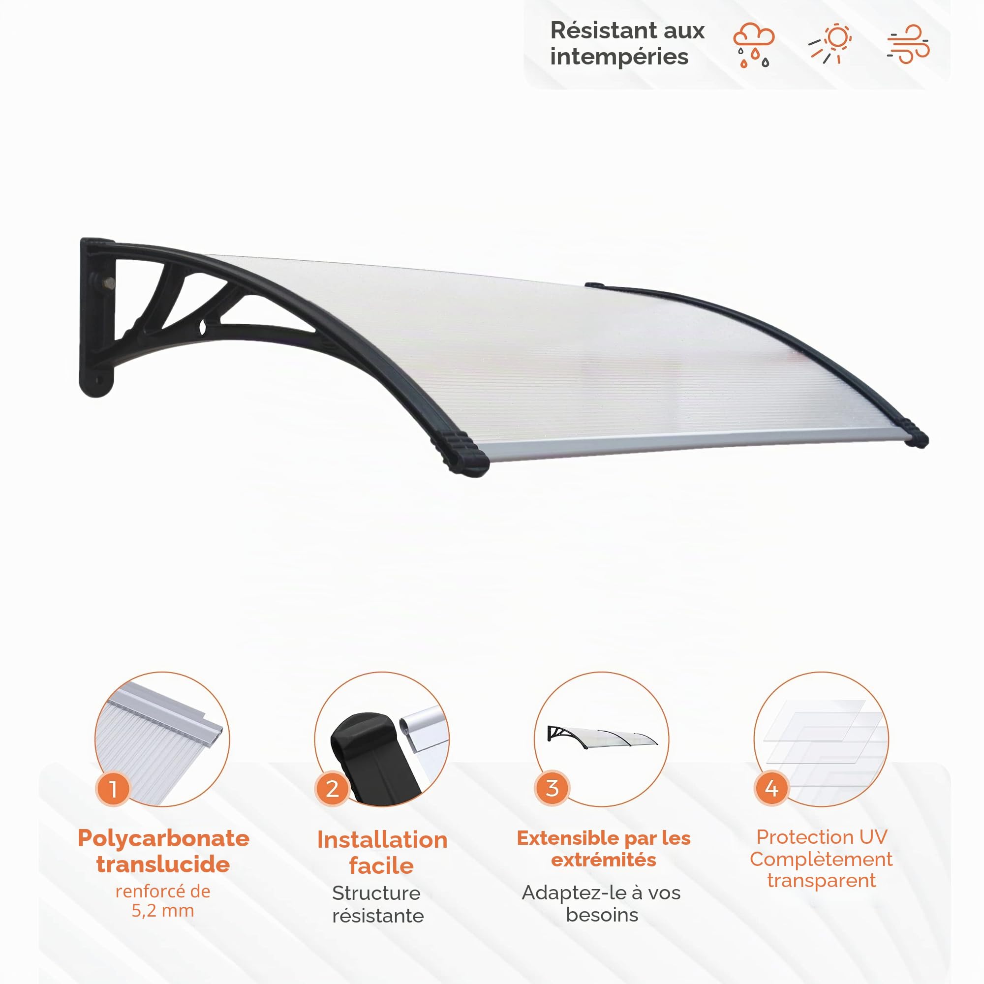 SmartSun Marquise Easy Black 150x80cm. 5,2mm d'épaisseur. Protection de porte de toit chapiteau