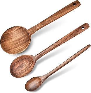 3 Pcs Natural Teak Wooden Kitchen Utensils Set, Teak Wooden Utensil Set, Long Handle Wood Cooking Utensils, Large Wood Spoon for Cooking Serving Mixing Stirring(12 in, 12 in, 11.2 in)