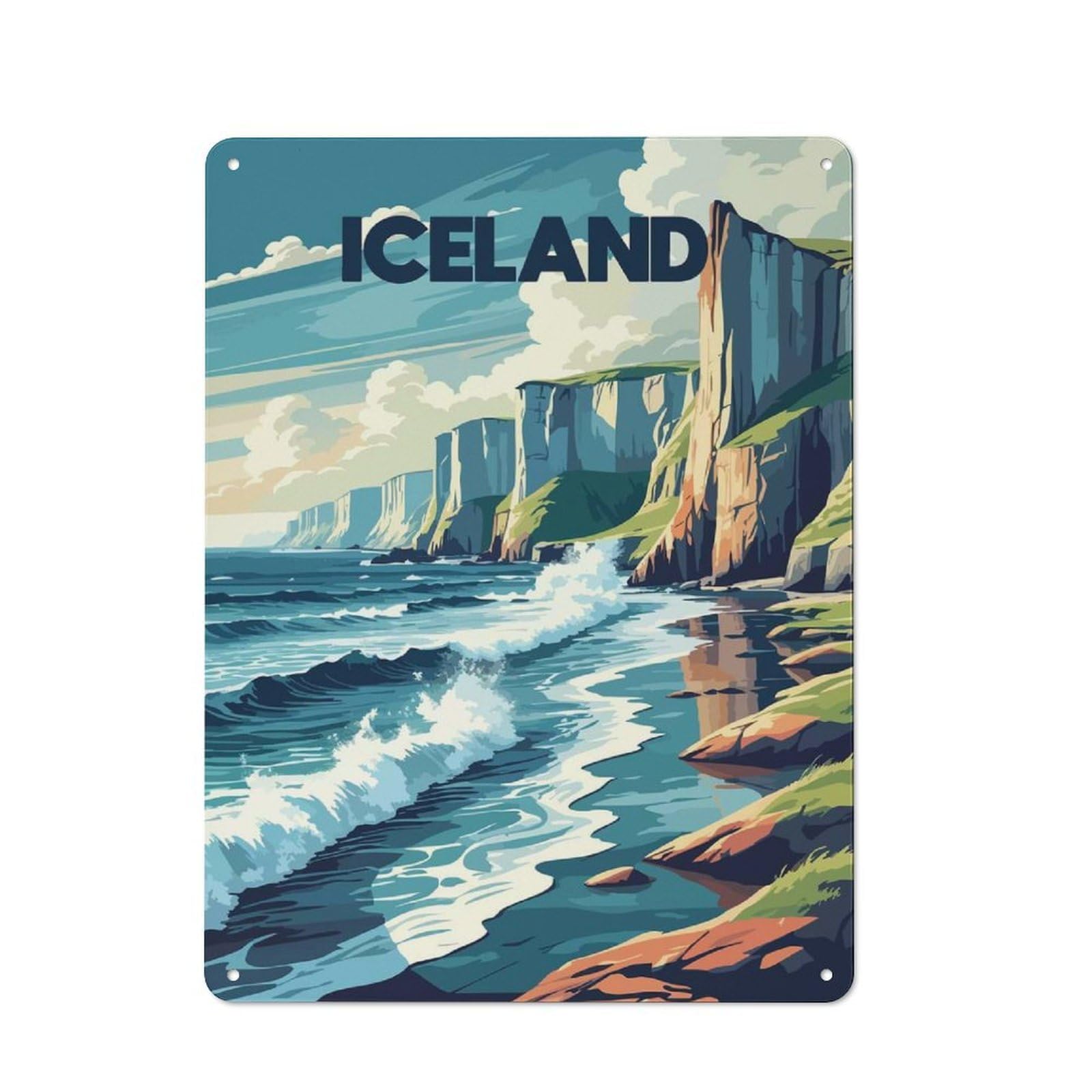 Junmoney Style-16 Metal Wall Sign 40X30cm Featuring Iceland Coastal Landscape Illustration For Pub Or Café, Housewarming Wall Decor For People Furnishing Pub And Café
