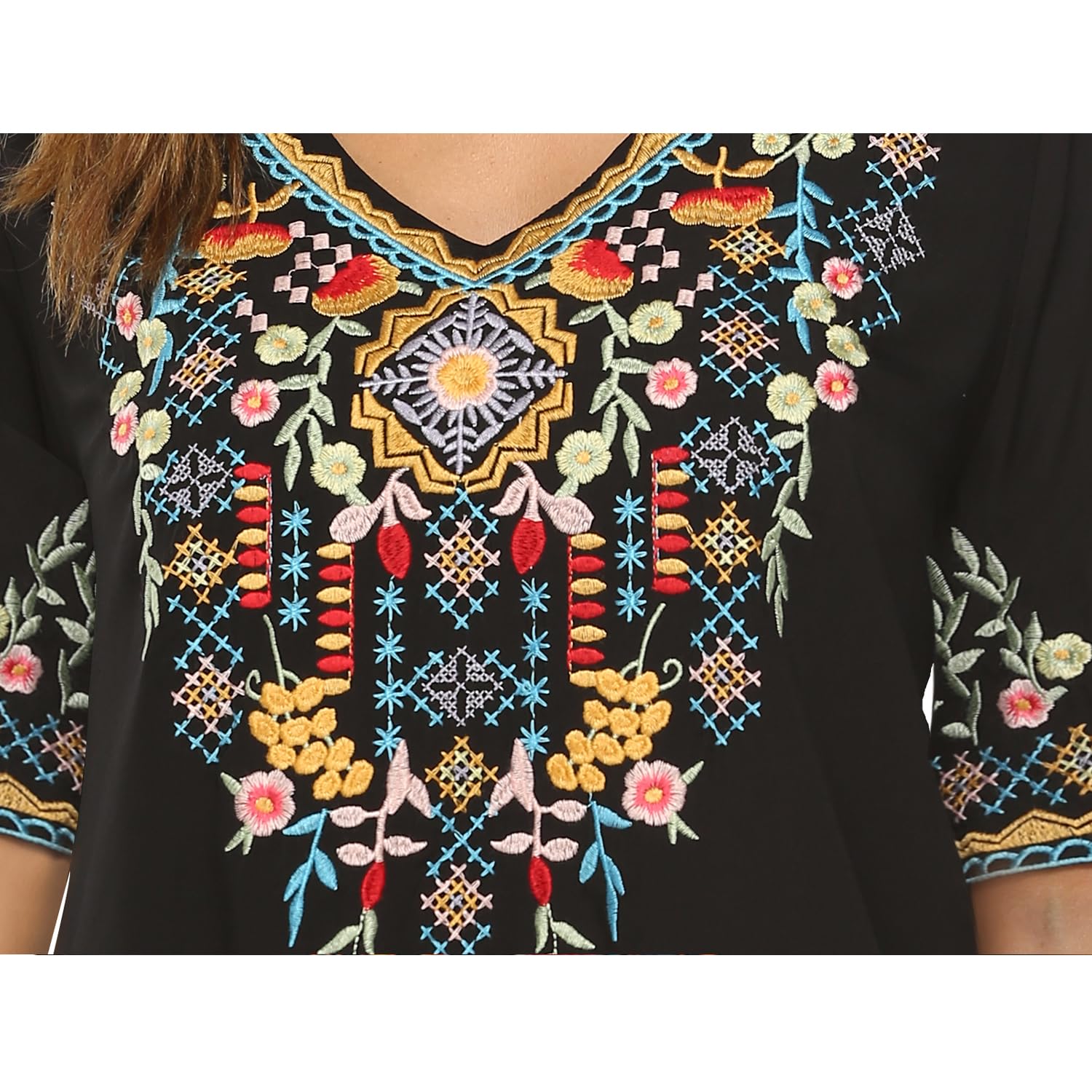 Draklook Donne Camicetta da Ricamo Bohemian Autunno Tunica Ricamo Folklore Tops Camicia Scollo a V Estate Tunica Camicette Boho Hippie Manica Corta Loose Top