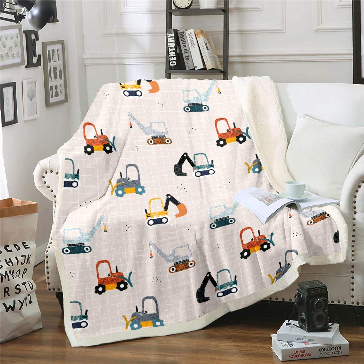 Loussiesd Cartoon Car Plush Throw Blanket Excavator Tractor Blanket for Bed Couch Travel Gird Lattice Fleece Blankets Ultra Soft Machinery Cranes Room Decor Sherpa Blanket Baby 30"x40"