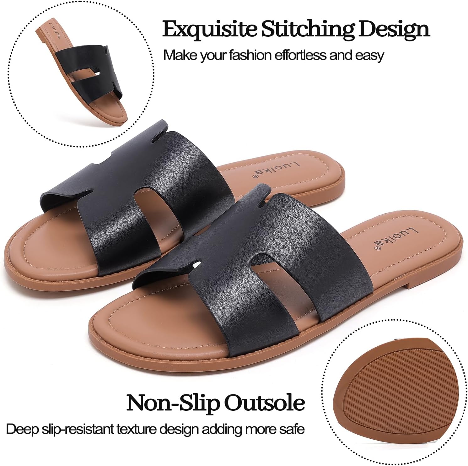 Luoika Women's Wide Width Flat Slides Sandals, Casual Comfortable Summer Beach Shoes Slip on Slide Sandal for Women. - Image 6