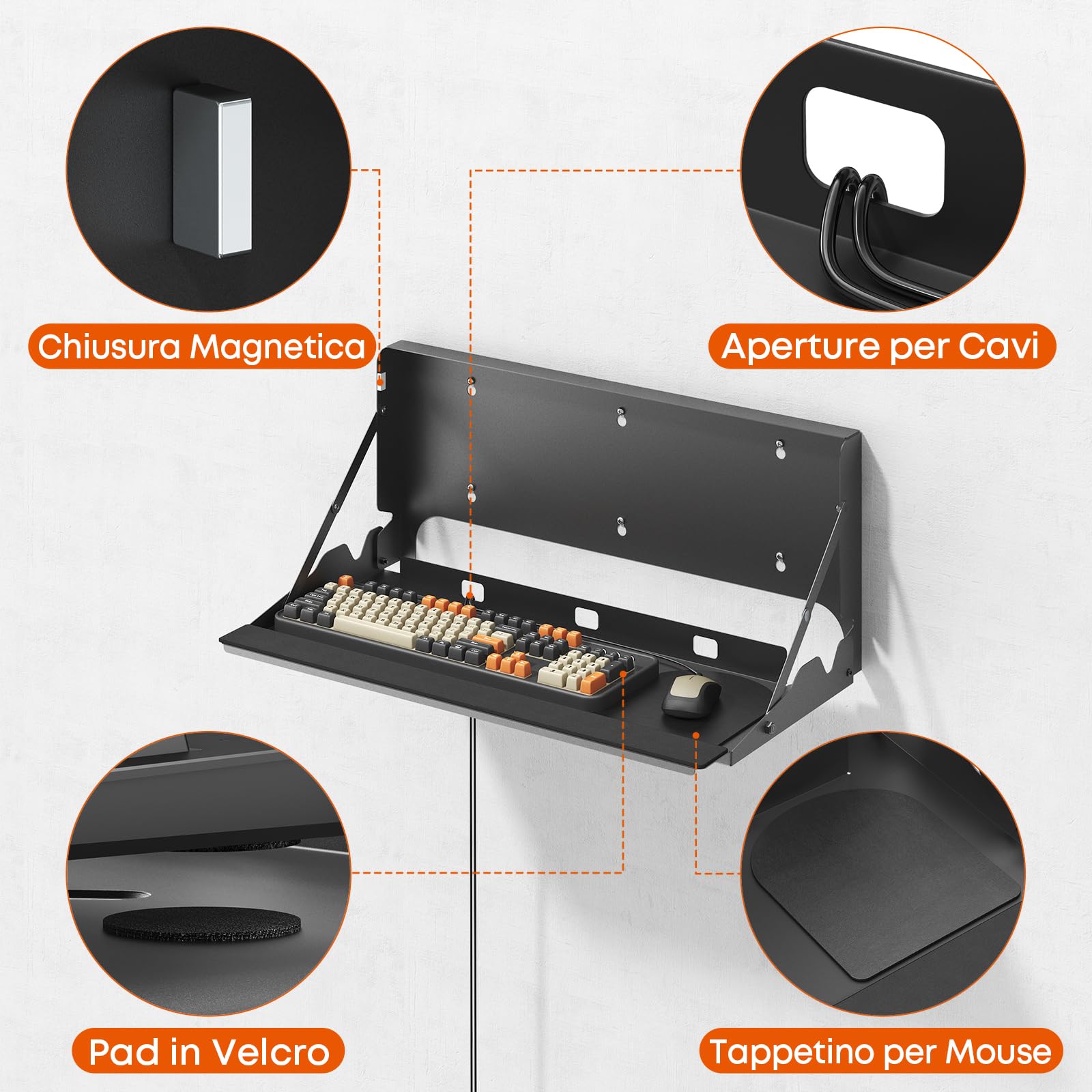 Vassoio Tastiera a Scomparsa da Parete Ergonomico 61cm - Piattaforma per Tastiera & Mouse da Ufficio e Casa , Portata 10 kg, Nero