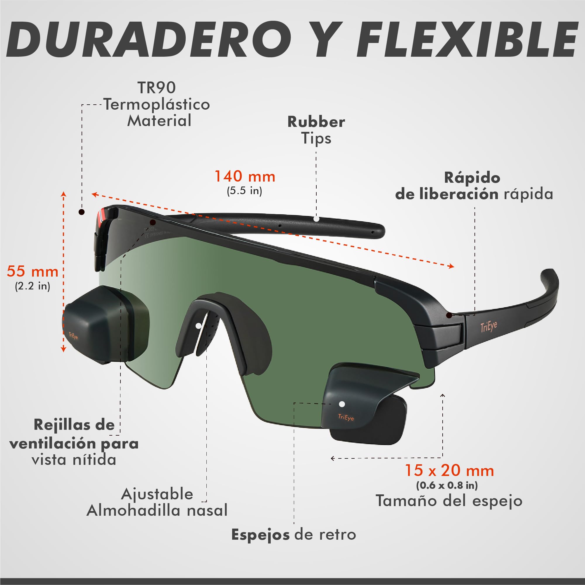 TriEye View Sport Gafas de sol polarizadas hombre mujer – Gafas de ciclismo con espejo retrovisor integrado, montura ligera TR90, protección UV400