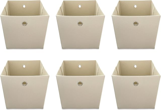 Webeasy Square Canvas Fabric Storage Box, Pack of 6 Eyelet Cube Foldable Open Bins for Home Office Nursery Organisation,Beige,28X28X28(CM)